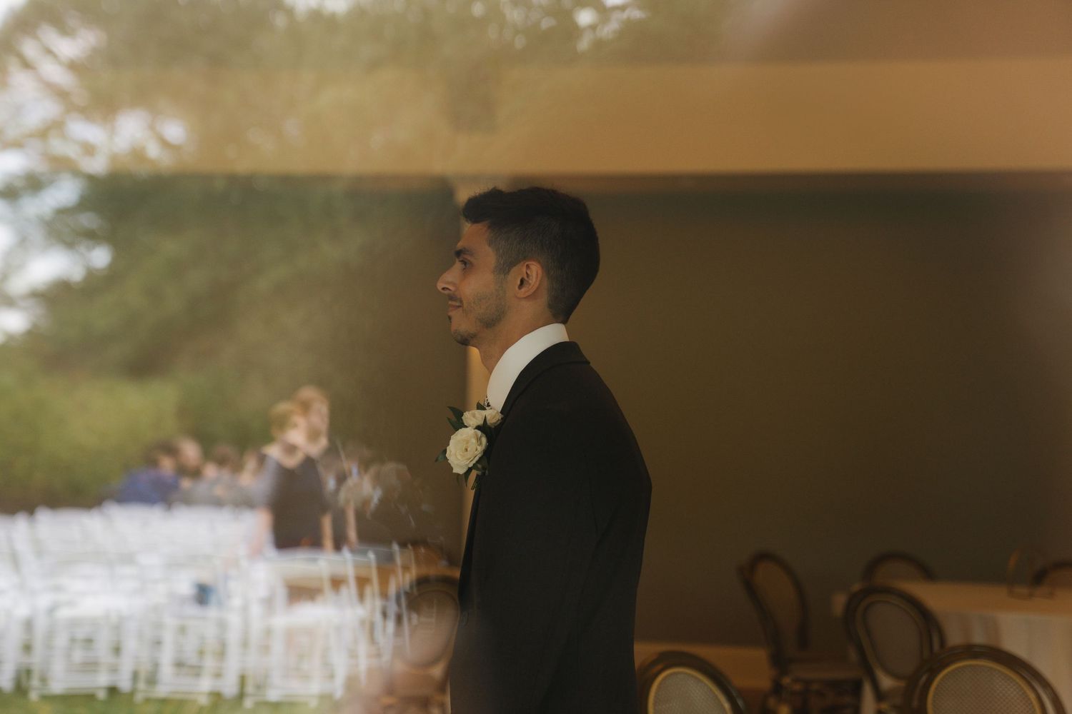 A series of wedding photos showing romantic moments between a couple during their outdoor ceremony and reception.