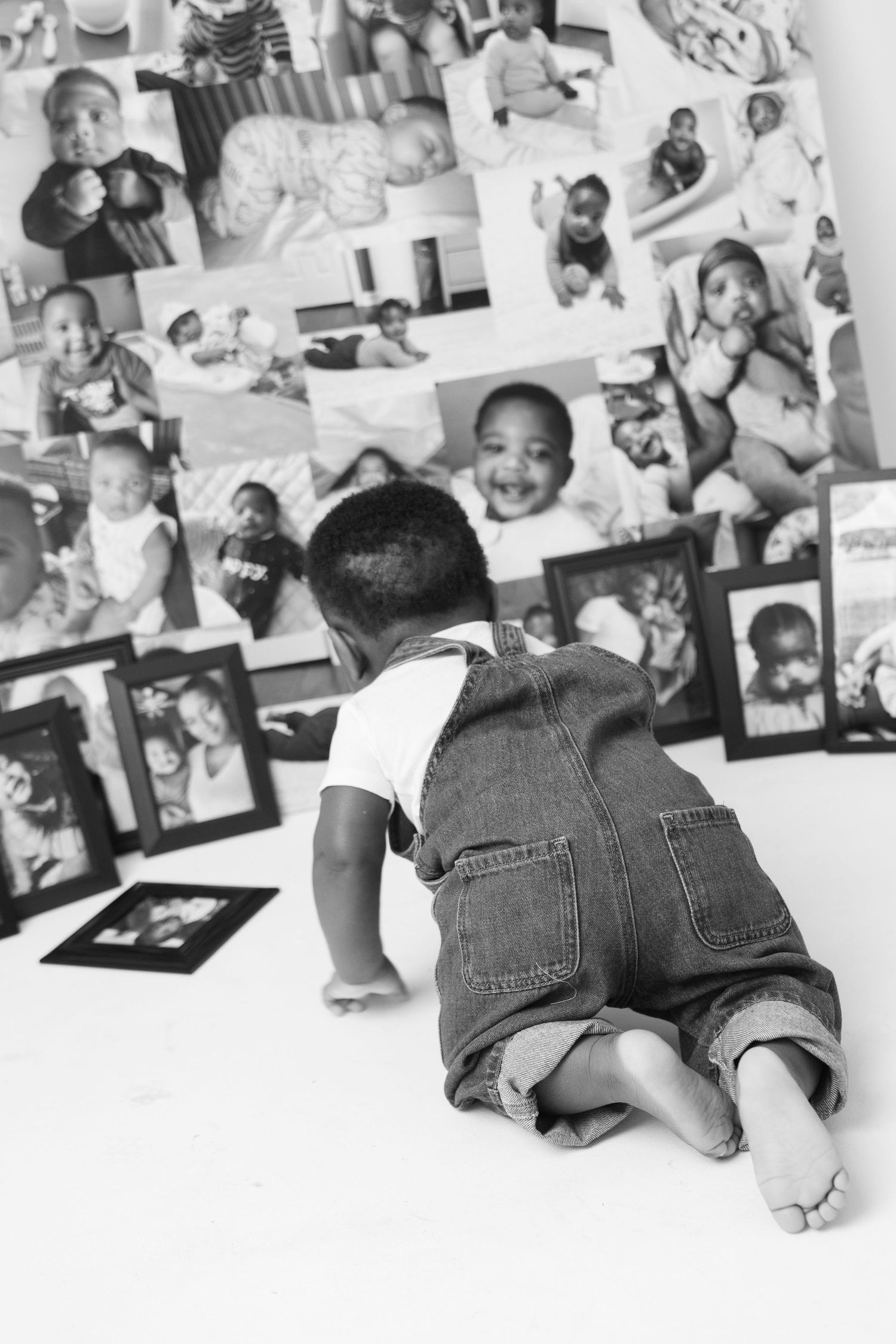 A black and white photo collage of children playing and posing, arranged in a horizontal strip layout.