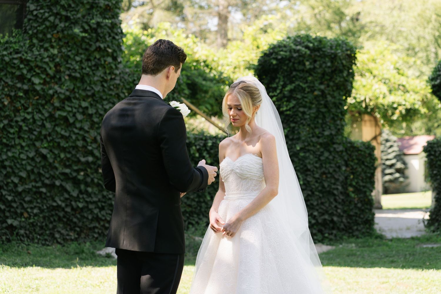 A romantic wedding photo sequence showing a couple in formal attire embracing in a lush garden setting.