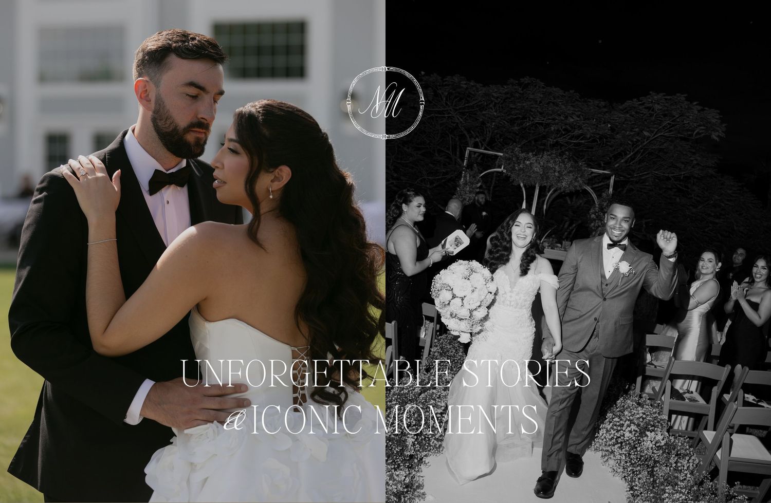 A couple shares a romantic wedding moment, bride in white gown, groom in tuxedo, with a joyful reception exit scene.