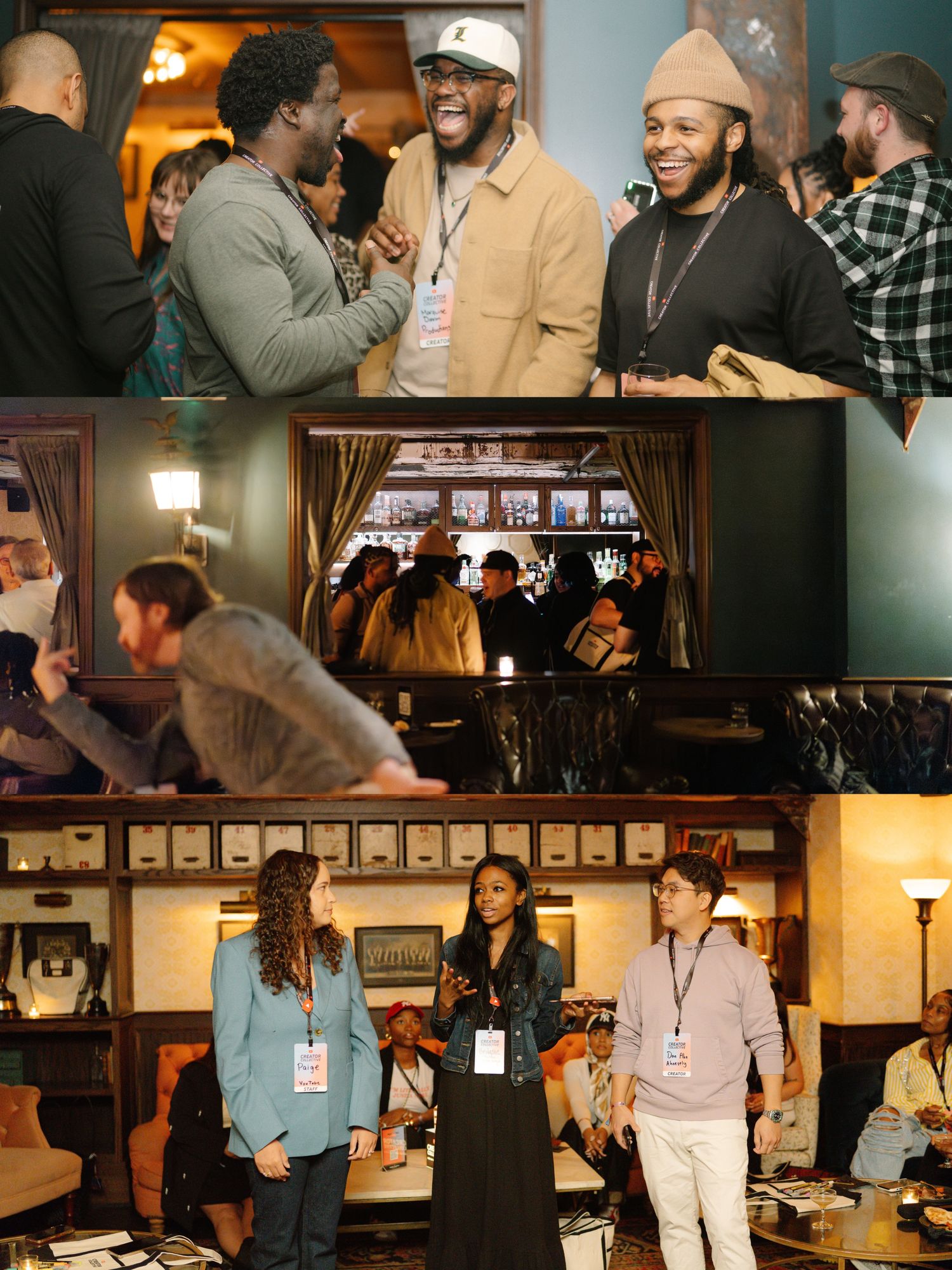 Candid shots of people networking and socializing at a creative business event.