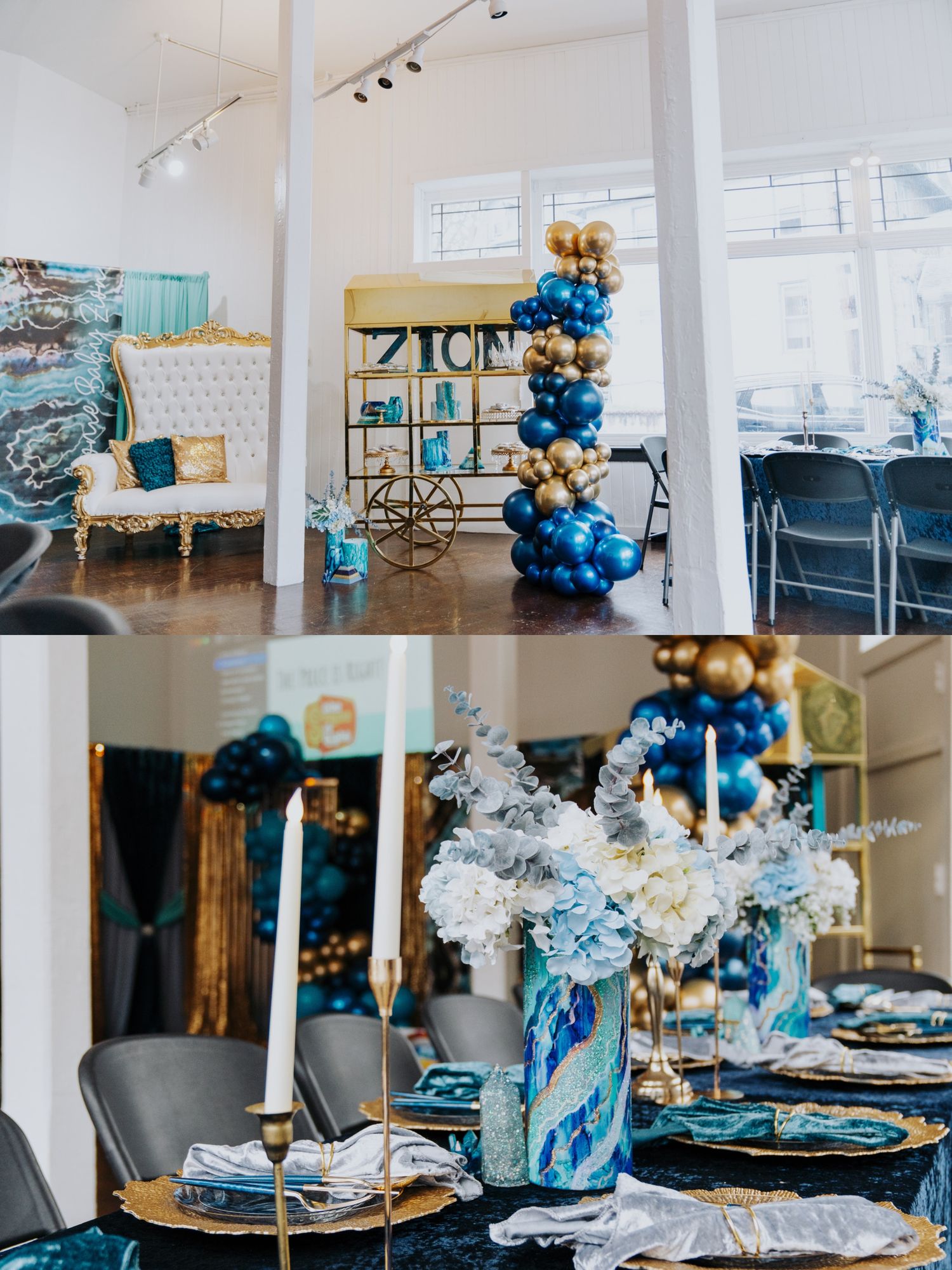 Modern event space decorated with blue and gold balloon arrangements and elegant table settings.