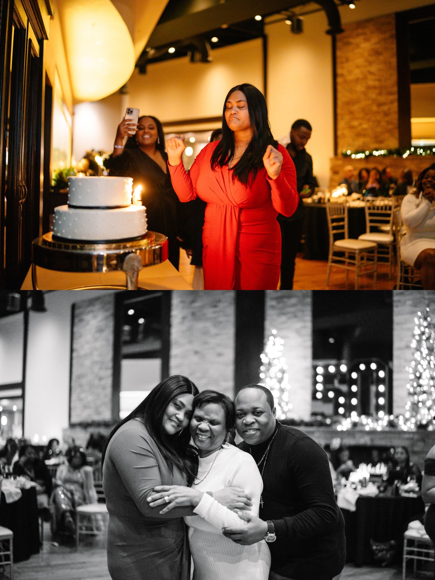 Candid party moments captured in black and white photography at an indoor celebration.