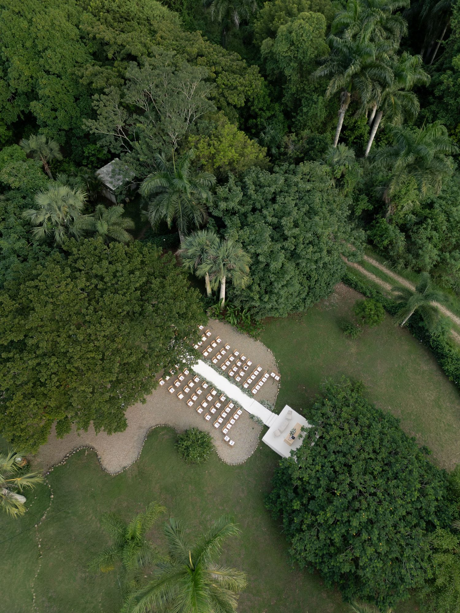 Aerial drone view of a lush tropical garden wedding ceremony setup with white chairs along a path surrounded by palm trees.