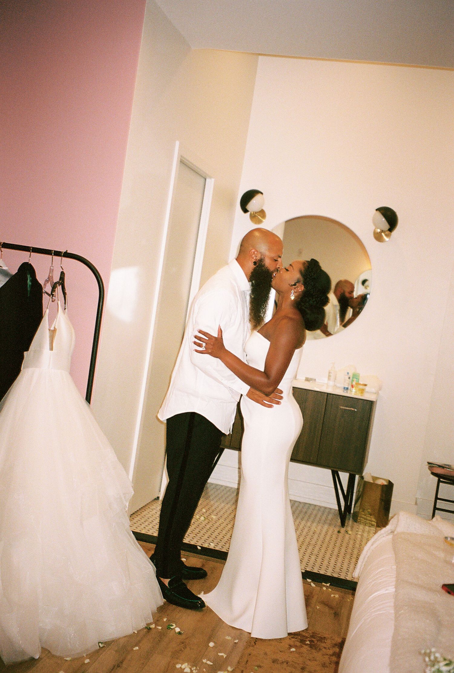 Candid wedding preparation moments captured in sequence of indoor photos.