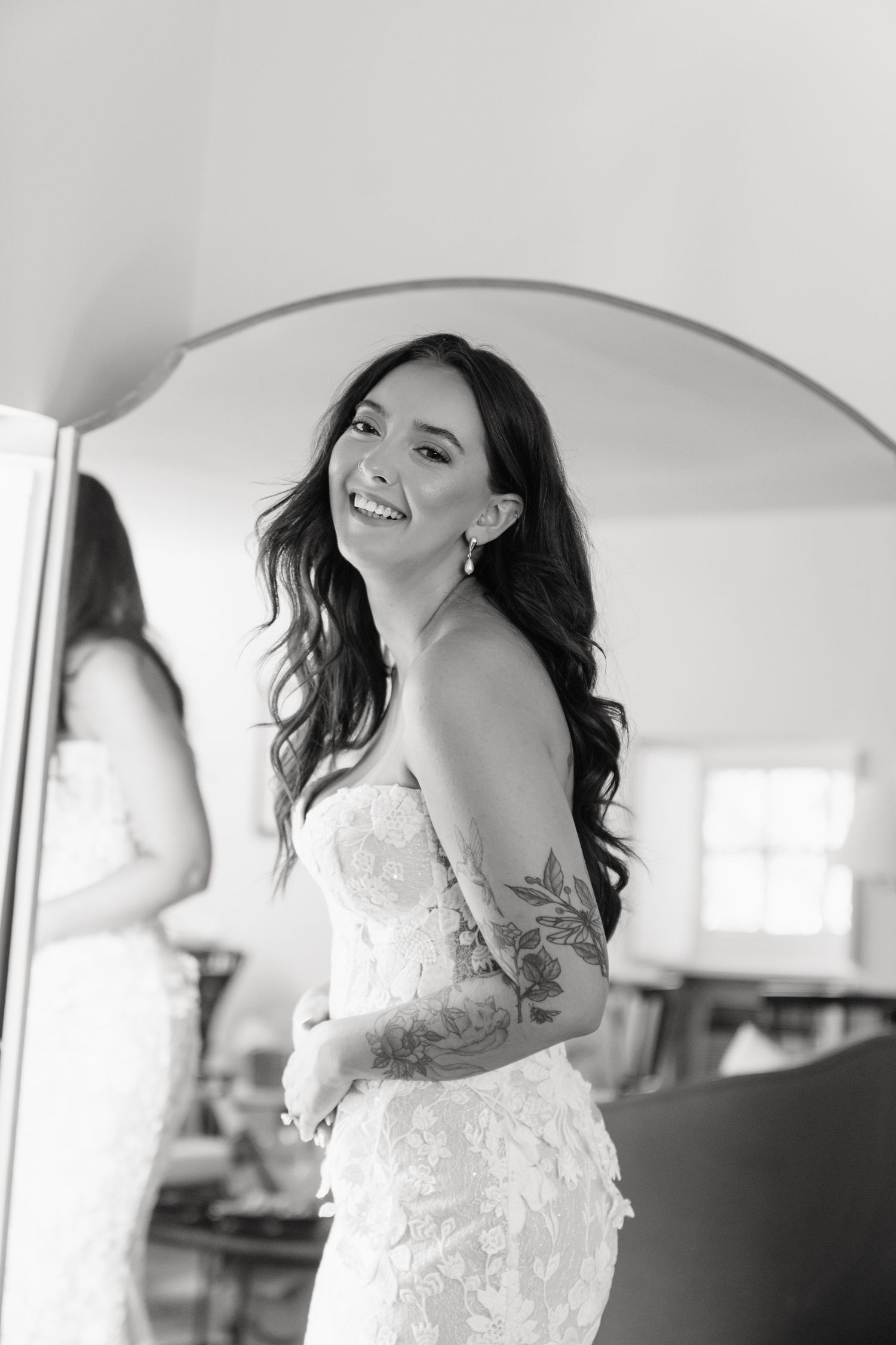A sequence of joyful bridal portraits showing natural laughter and movement in a bright indoor setting.