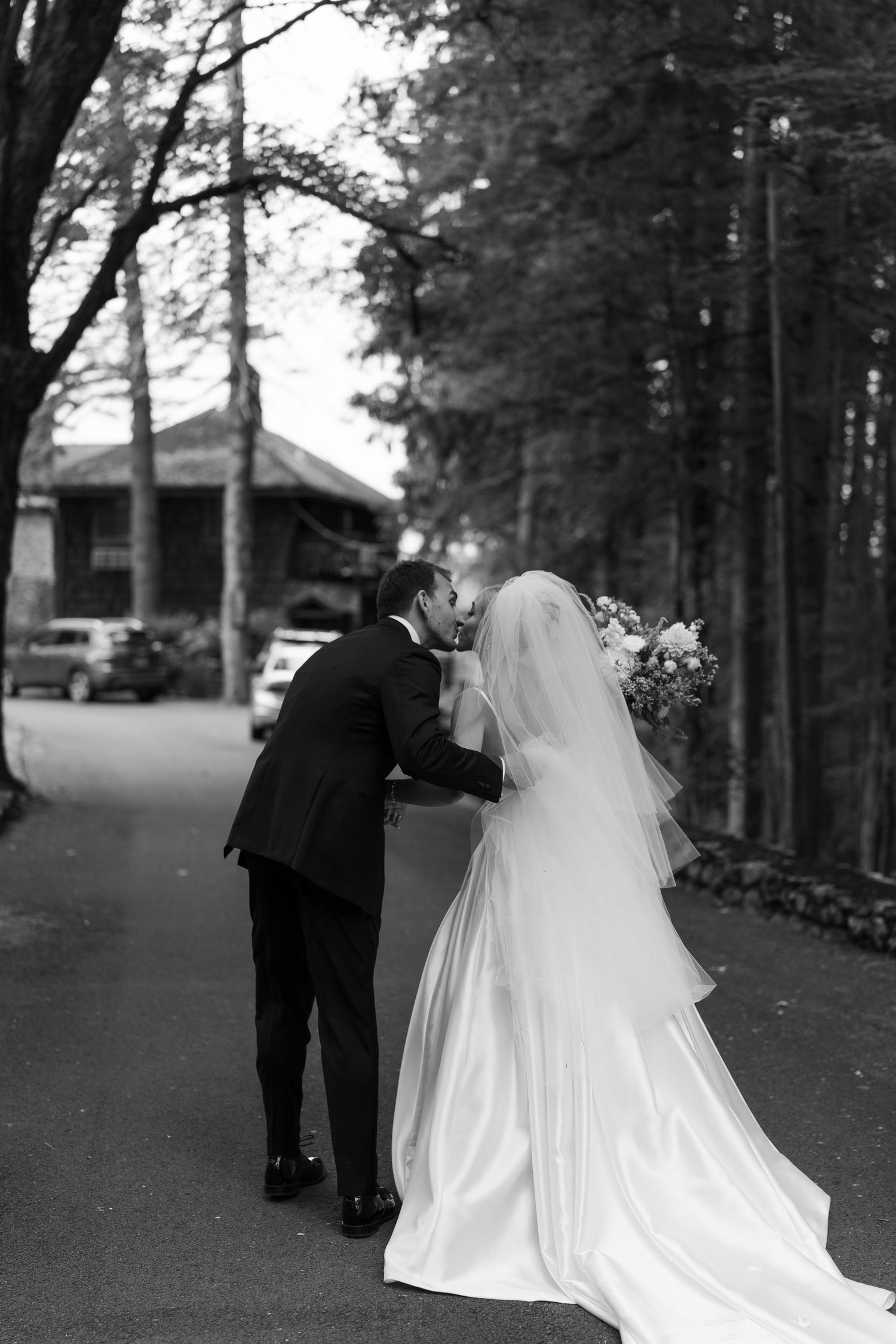 Bride and groom share a kiss on a tree-lined path in elegant black and white wedding portrait.