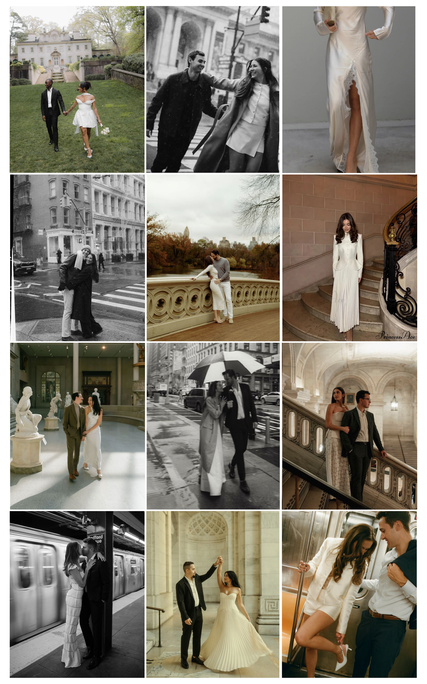 Black and white wedding photo collage showing couples in various romantic urban settings.