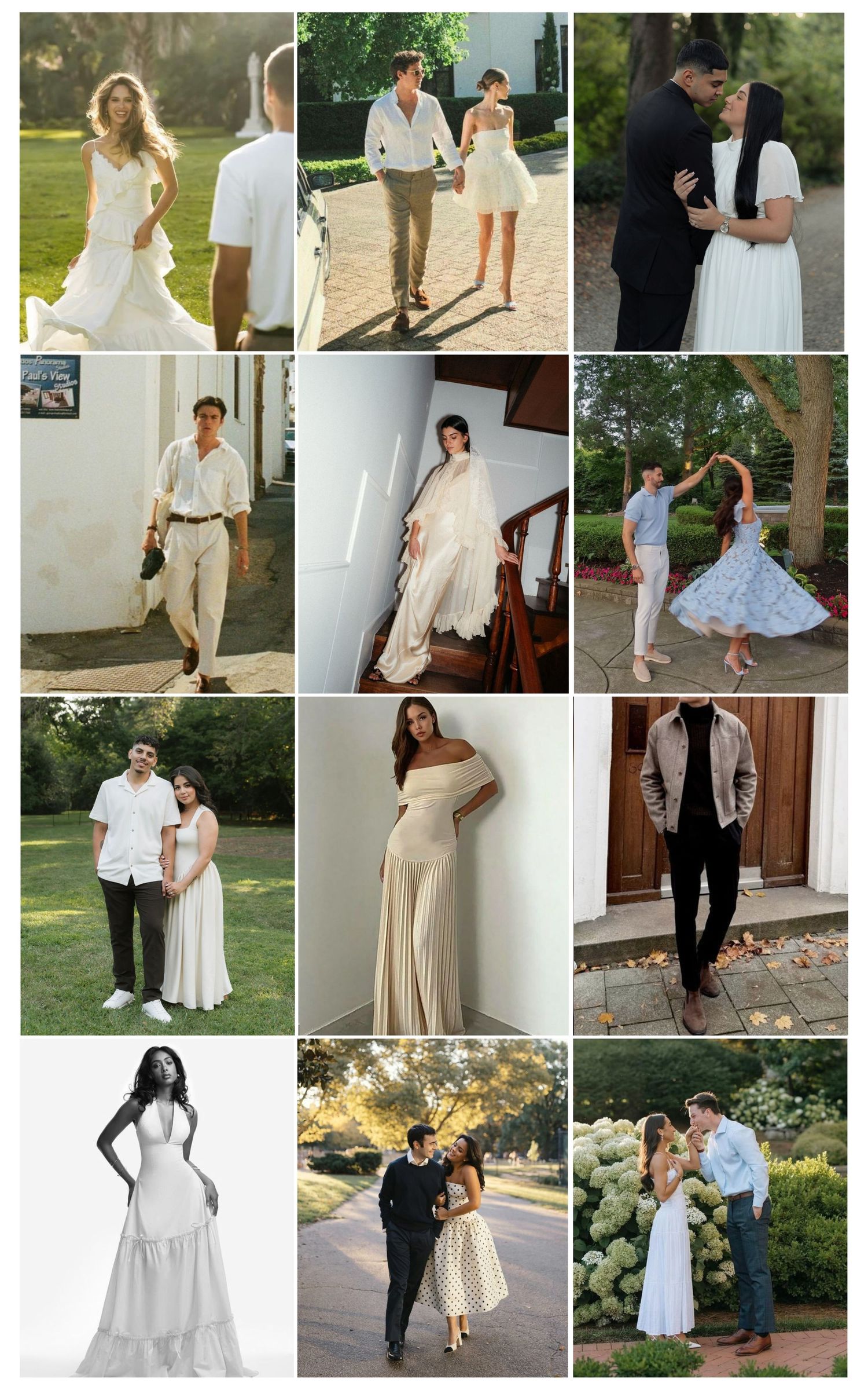 A collection of romantic wedding and engagement photos showcasing couples in white dresses and formal attire in outdoor settings.