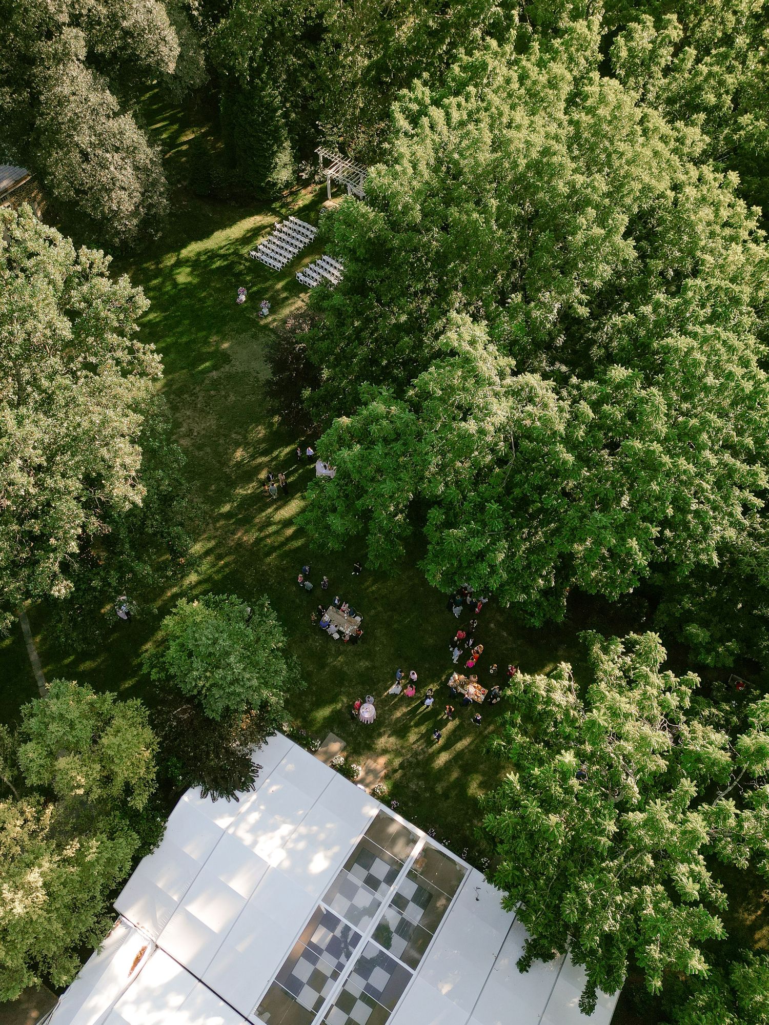 Aerial view of white wedding tents surrounded by lush green trees.