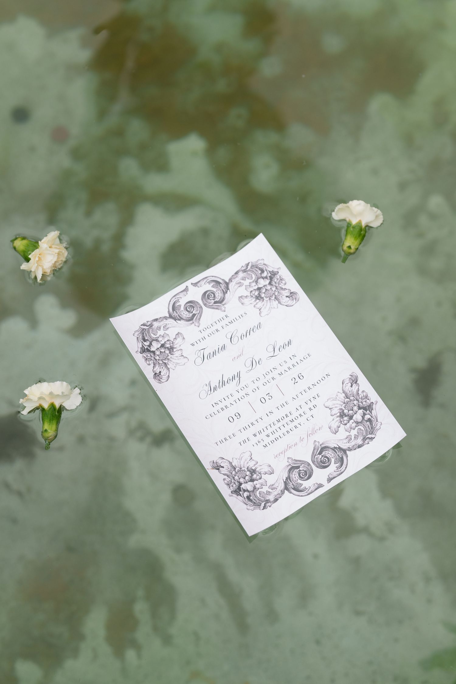 Elegant wedding invitation with ornate floral borders floating on green water surrounded by small white carnations.