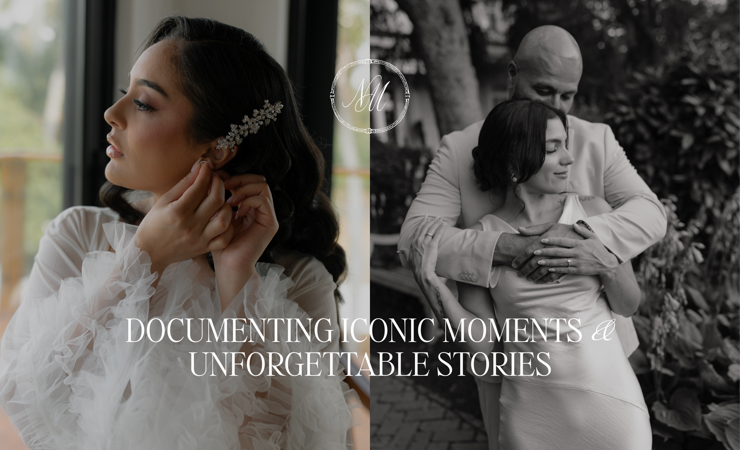 A series of black and white wedding photography moments showing romantic and candid scenes.