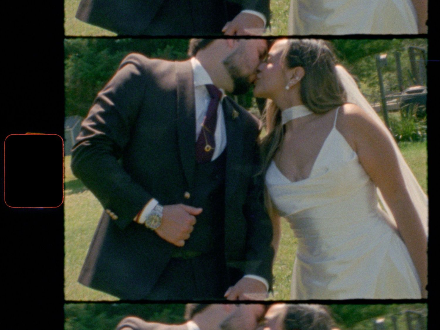 Bride and groom share a romantic kiss outdoors on their wedding day, captured in a film strip style photo.
