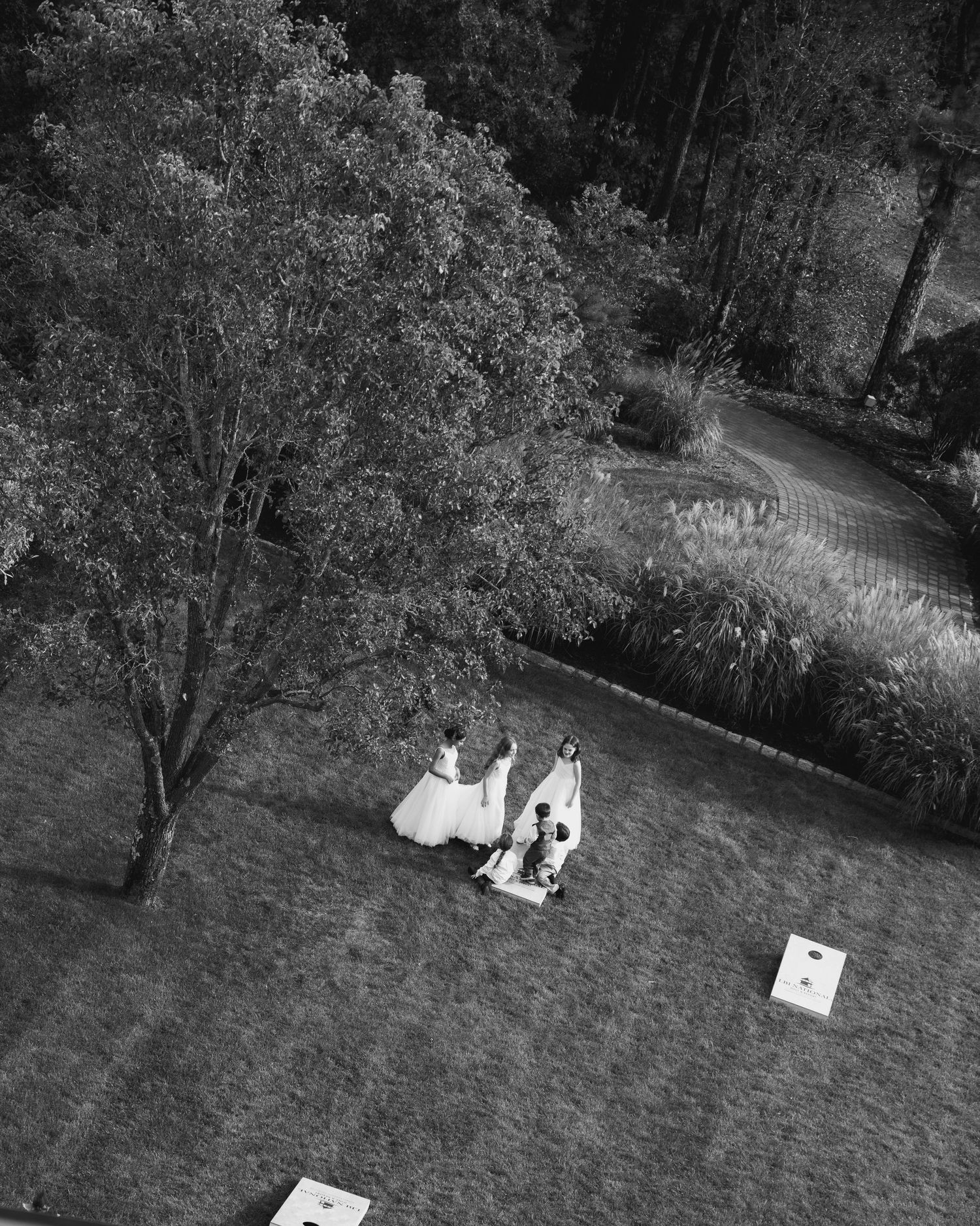 Black and white aerial view of a wedding ceremony setup with chairs arranged on a grassy lawn surrounded by trees.