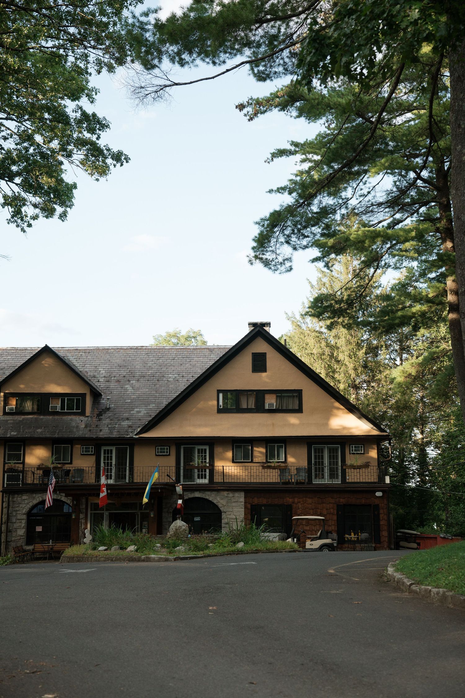 Rustic Tudor-style lodge surrounded by tall pine trees with a paved driveway in a wooded setting.