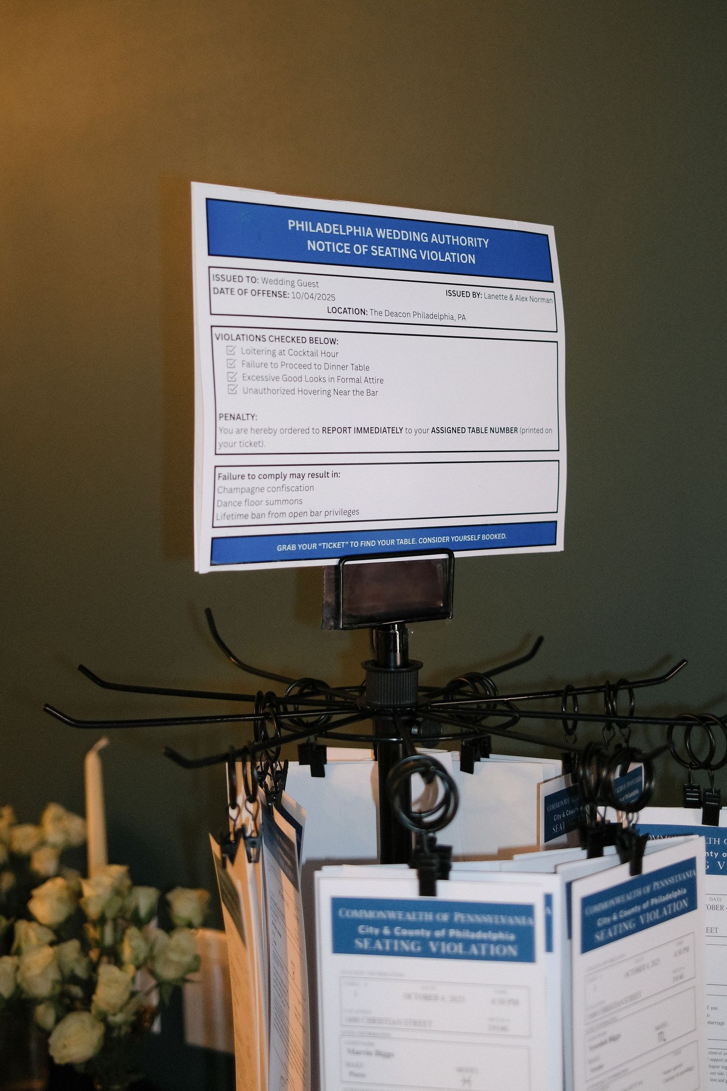 Close-up of official forms mounted on display stands with blue headers.
