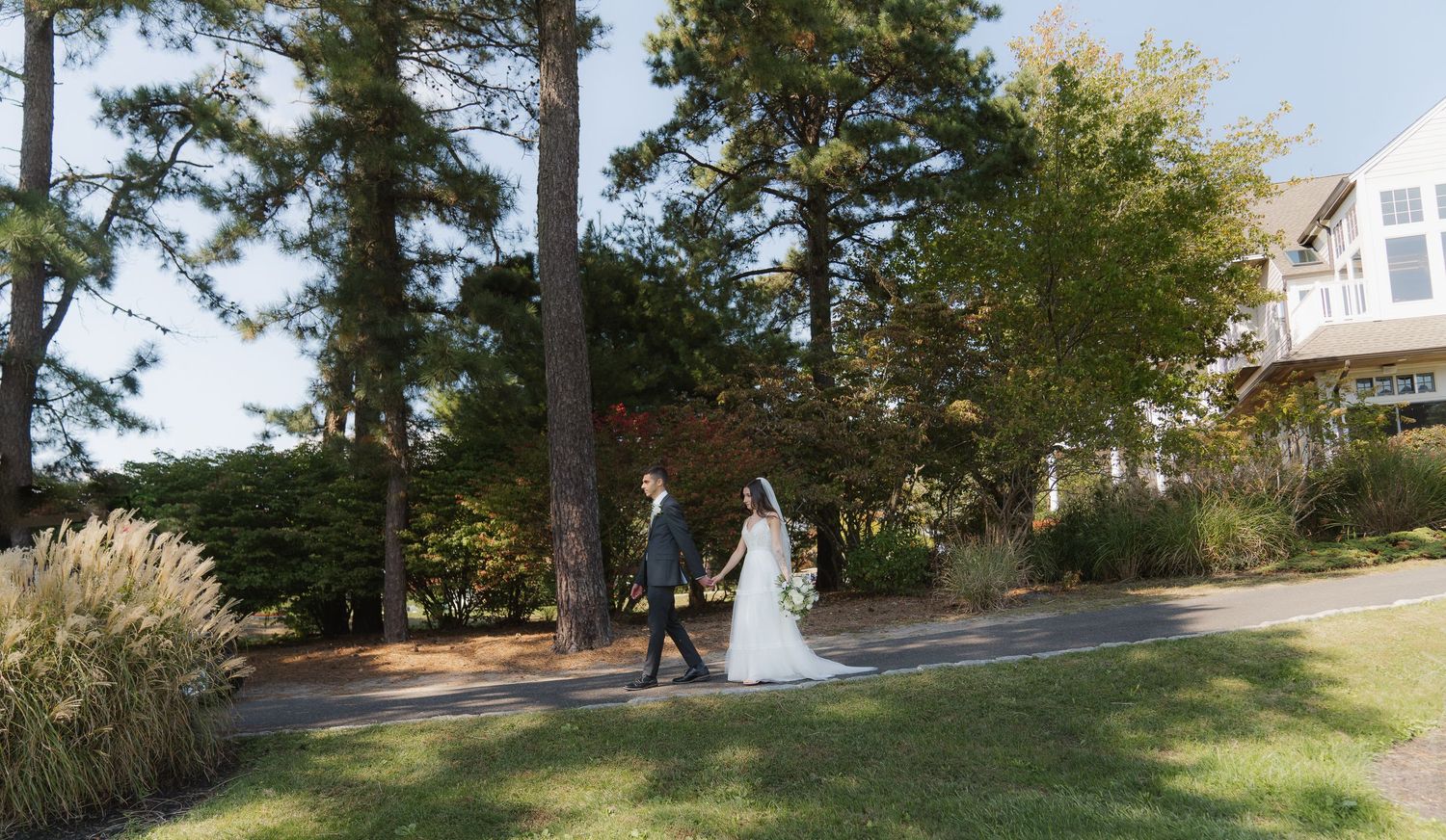 A panoramic view of a peaceful residential area with tall pine trees and green lawns on a sunny day.