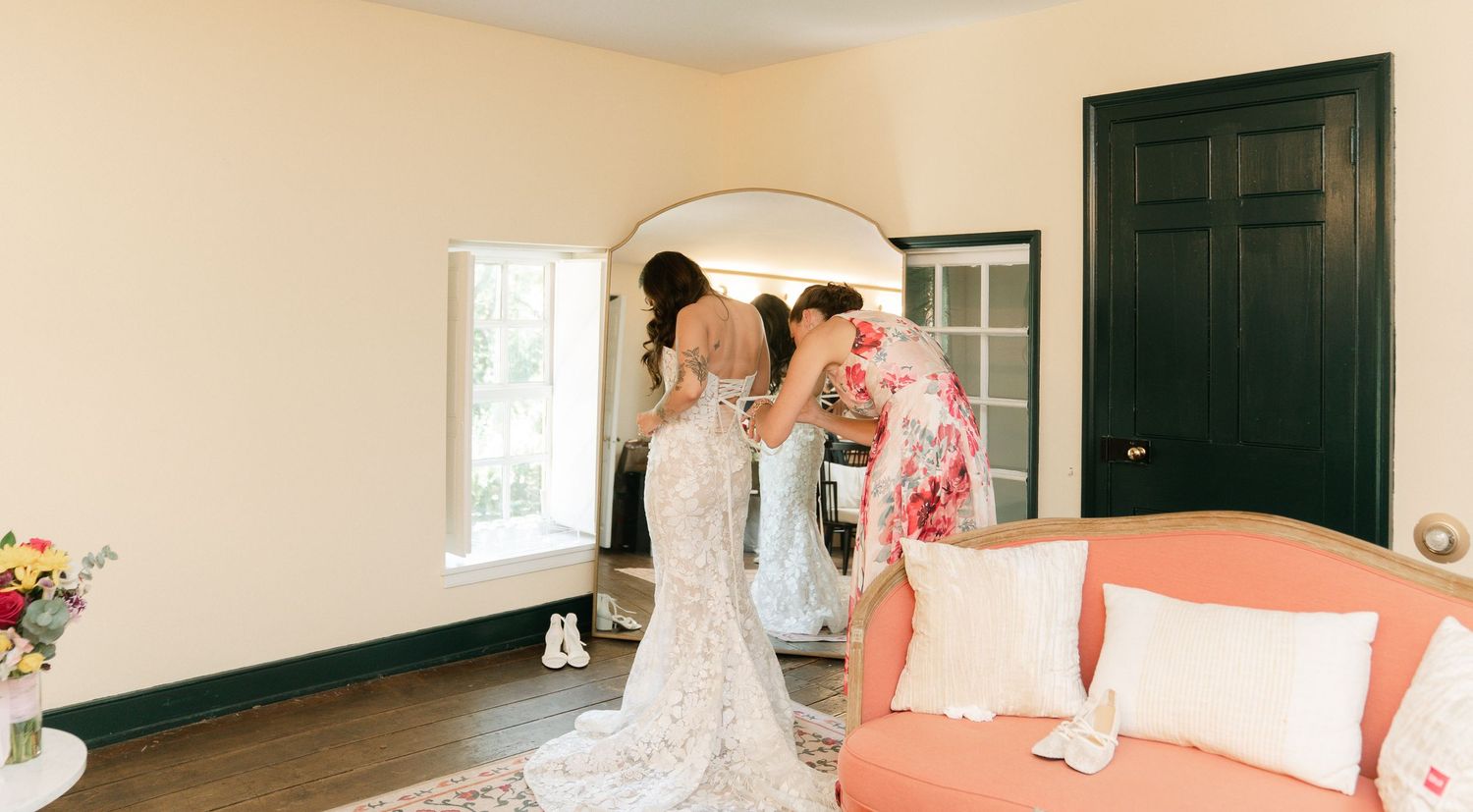 A collage of interior wedding venue photos showing elegant spaces with white walls and decorative details.
