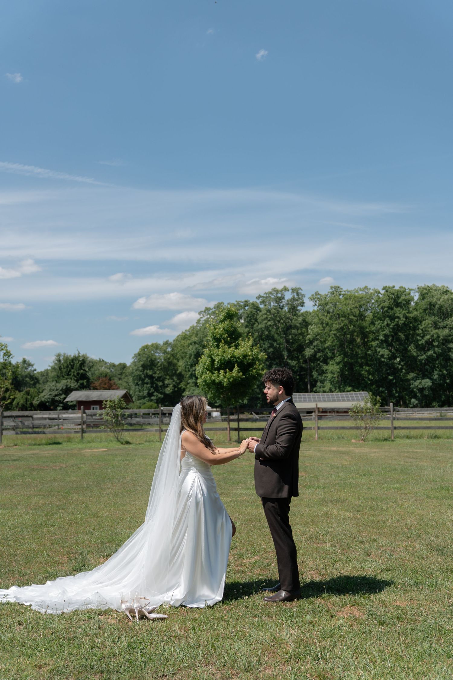 Bride and groom holding hands in a green field on their wedding day, with trees and blue sky in the background.