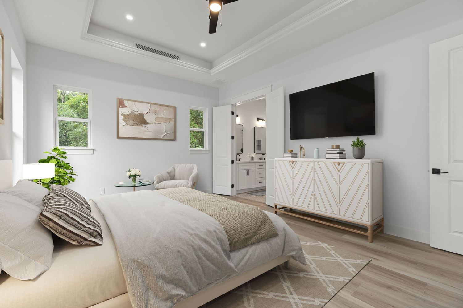 Virtually staged master bedroom with neutral coastal décor and natural light, created by Coast Captured for real estate marketing