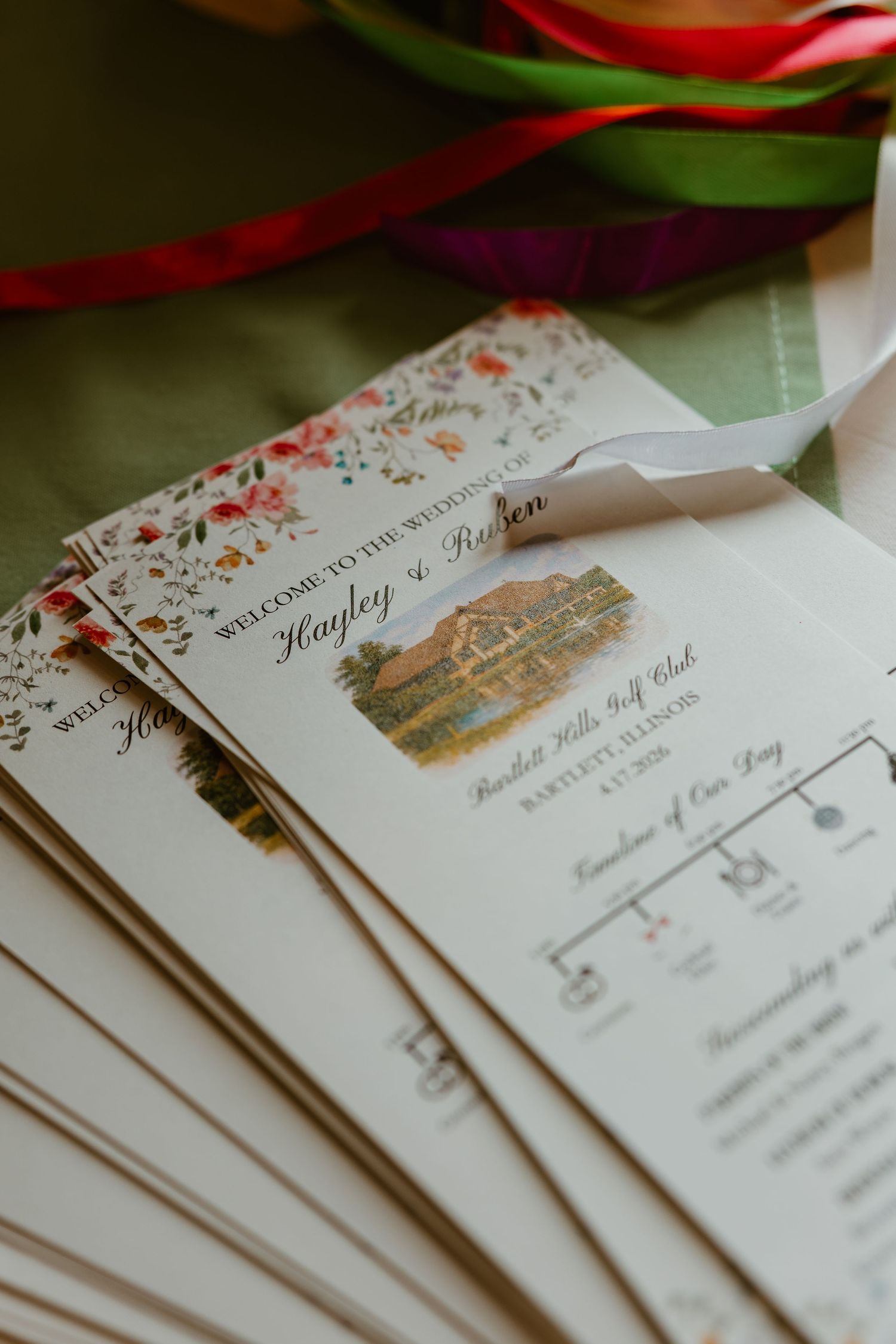 Elegant wedding programs for Hayley and Ruben at Bartlett Hills Golf Club, Illinois, with floral design. Chicagoland wedding venues.