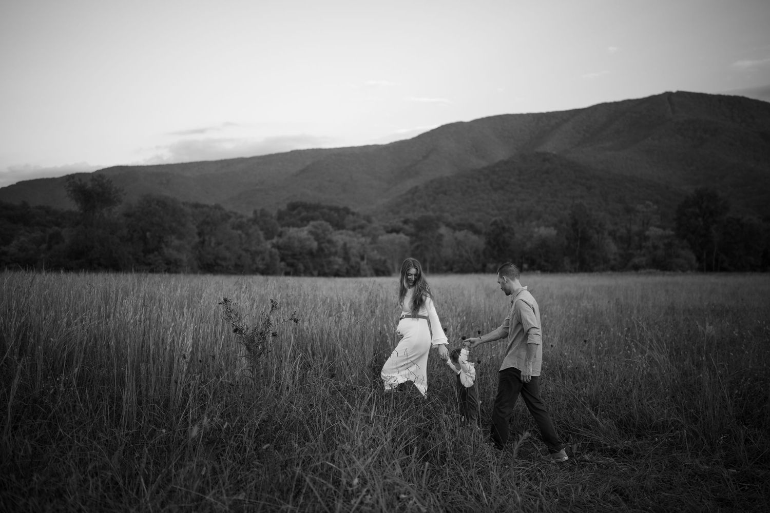 Black and white photo of a couple holding hands walking through a field with mountains in the background at dusk.