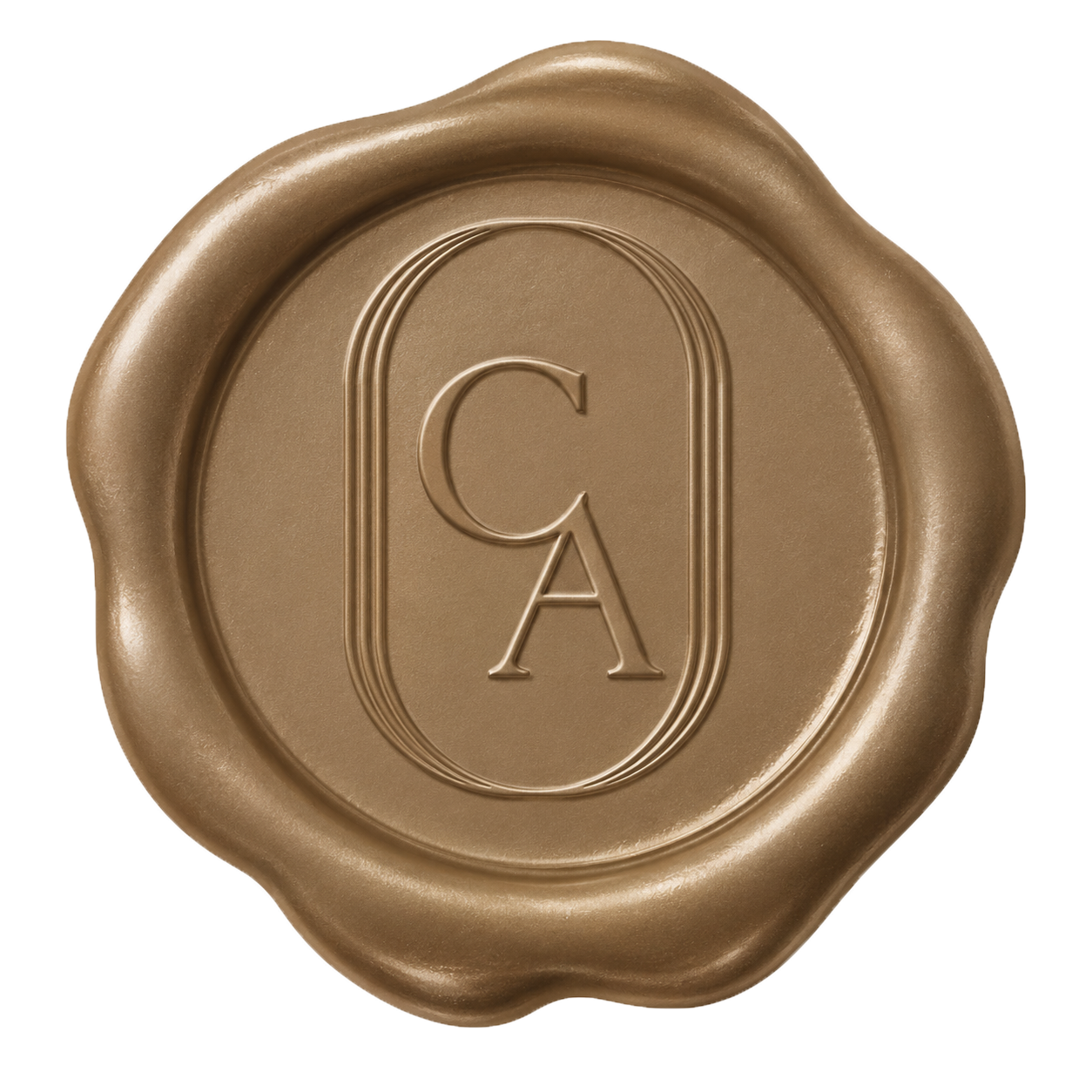 Gold wax seal stamp with elegant CA monogram initials in a rounded rectangle frame.