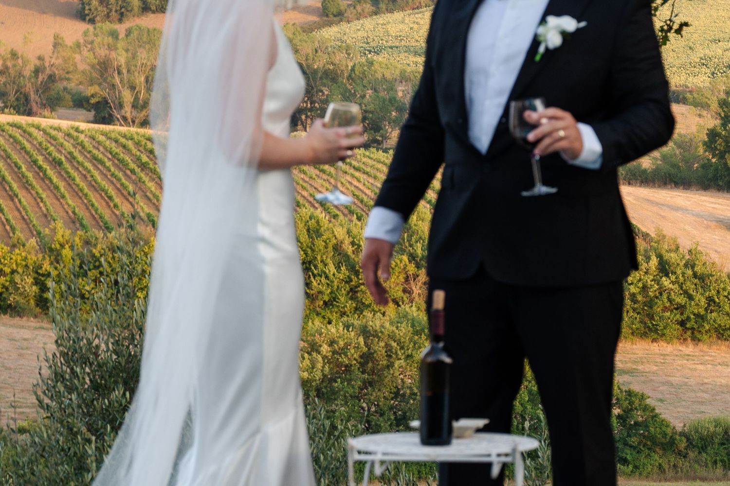 Bride and groom toasting with champagne glasses at a vineyard wedding, with rolling hills in the background.