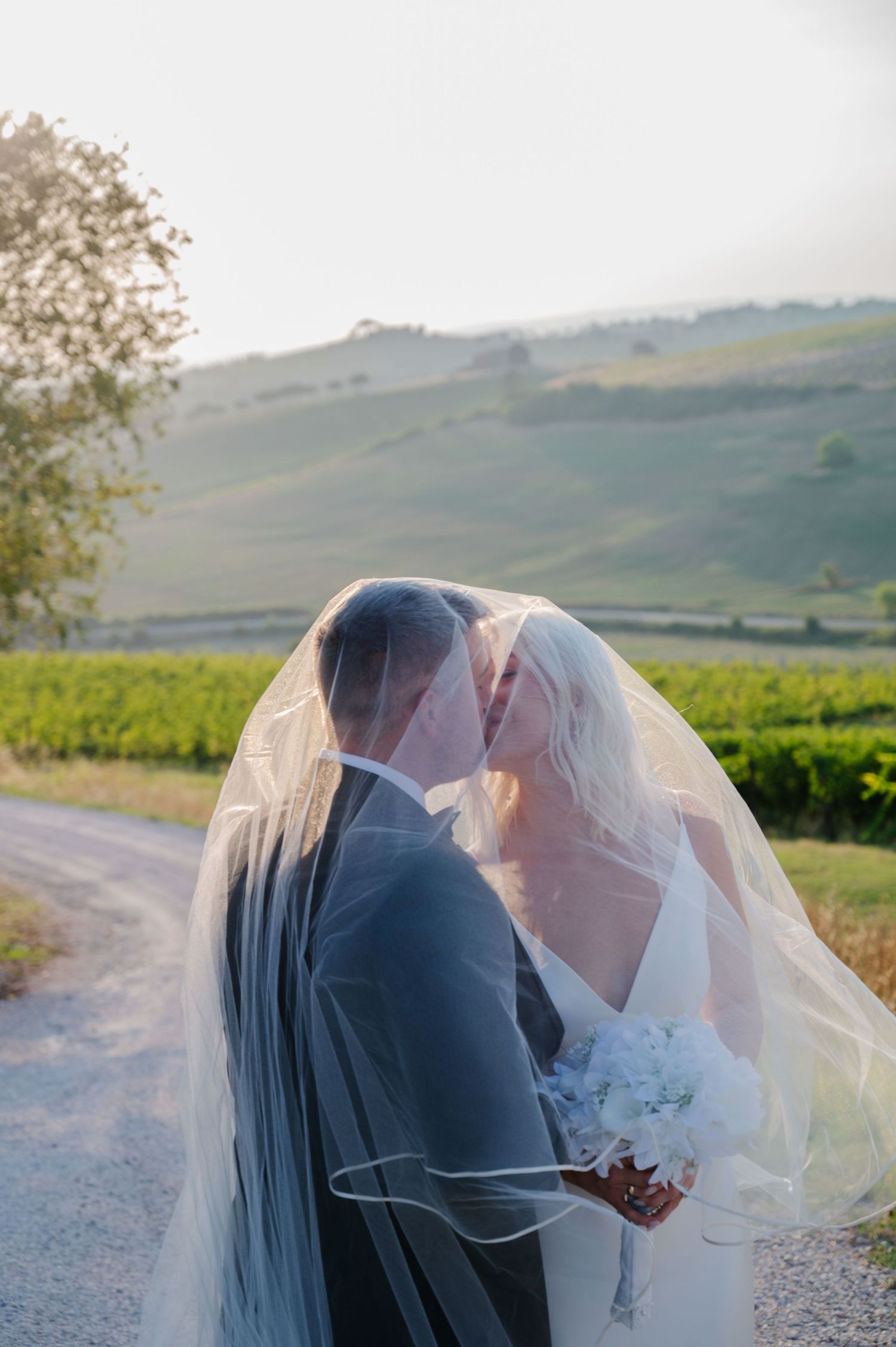 A bride and groom share a kiss under a flowing veil in a scenic vineyard landscape in Tuscany Italy.