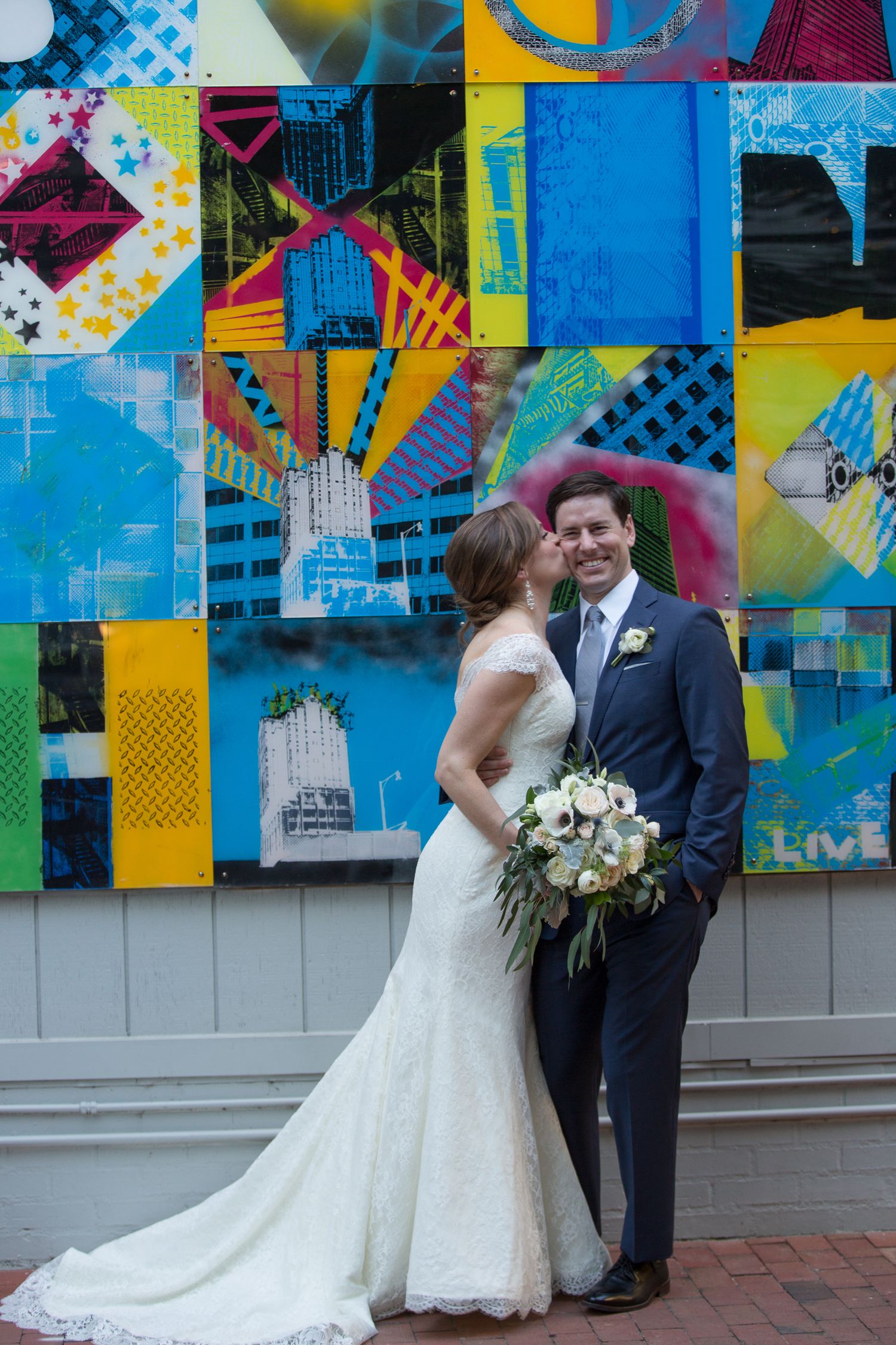 bride and groom downtown