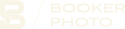 Booker Photo logo in cream tones featuring stylized BP monogram on white background.