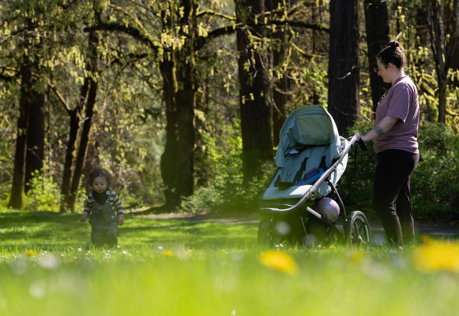 Mother pushing baby stroller on sunny green park path while toddler plays in foreground.
