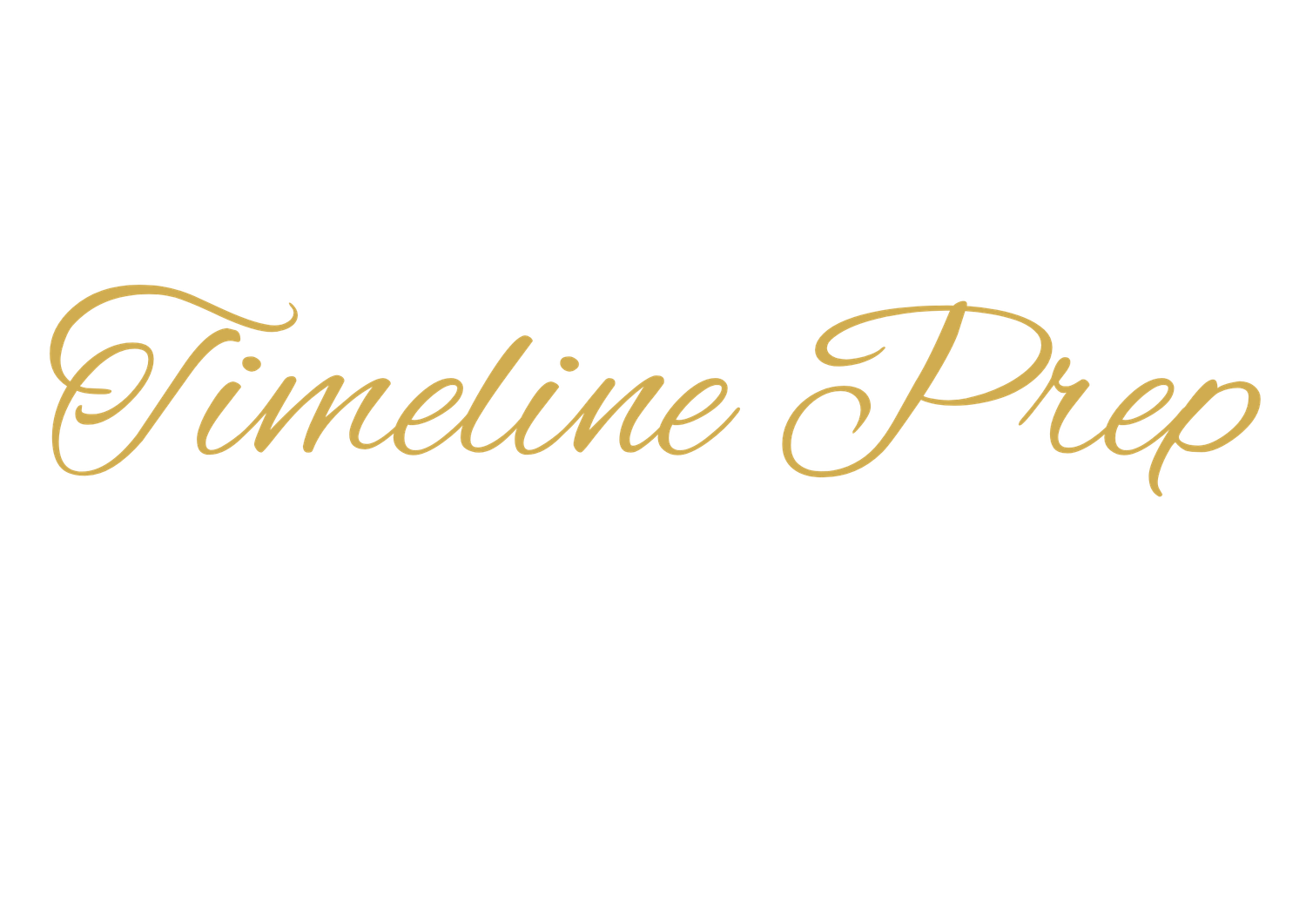 Timeline Prep logo in elegant gold cursive script on white background.