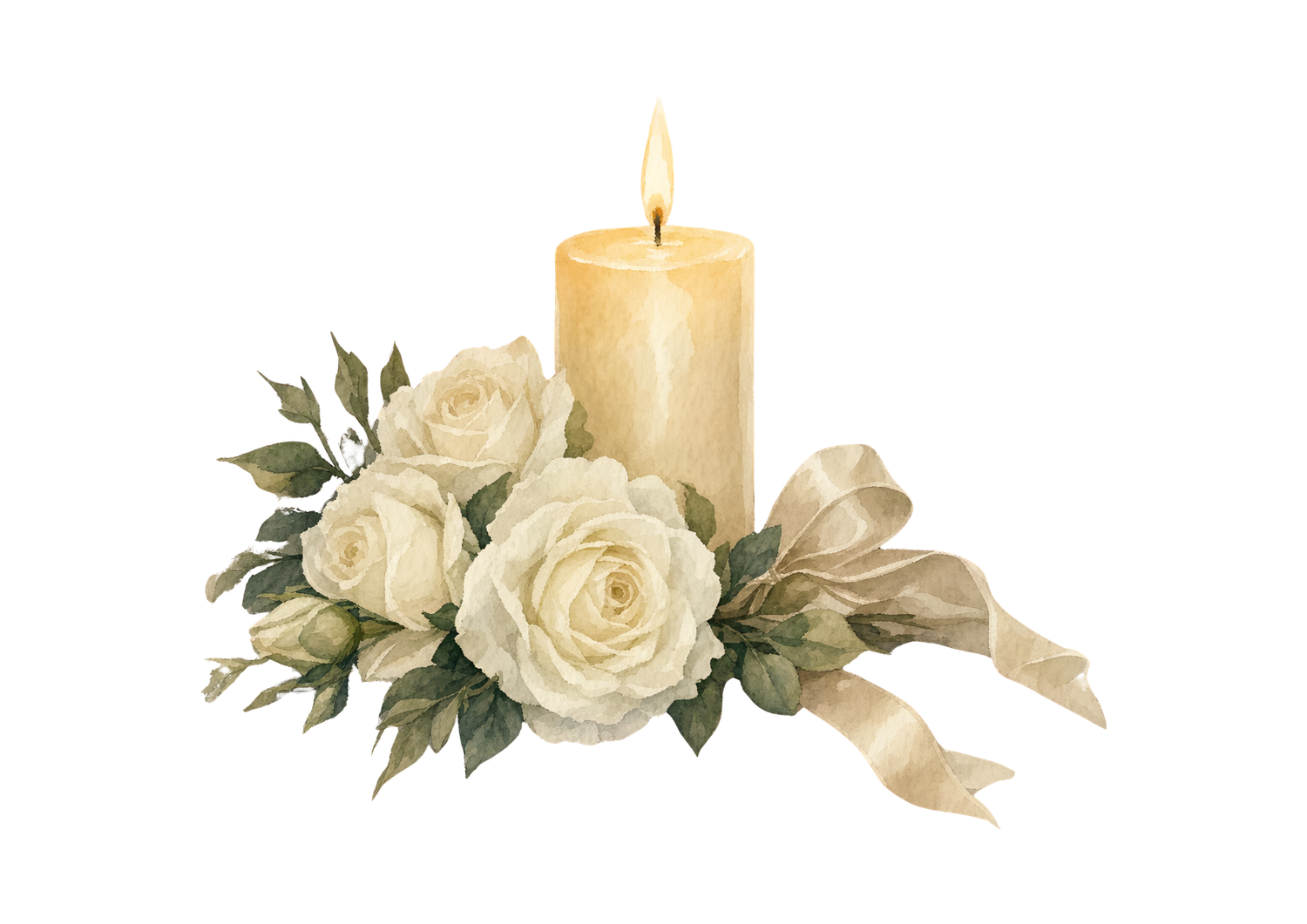 Watercolor illustration of a lit ivory candle surrounded by white roses, green leaves, and a soft ribbon bow.