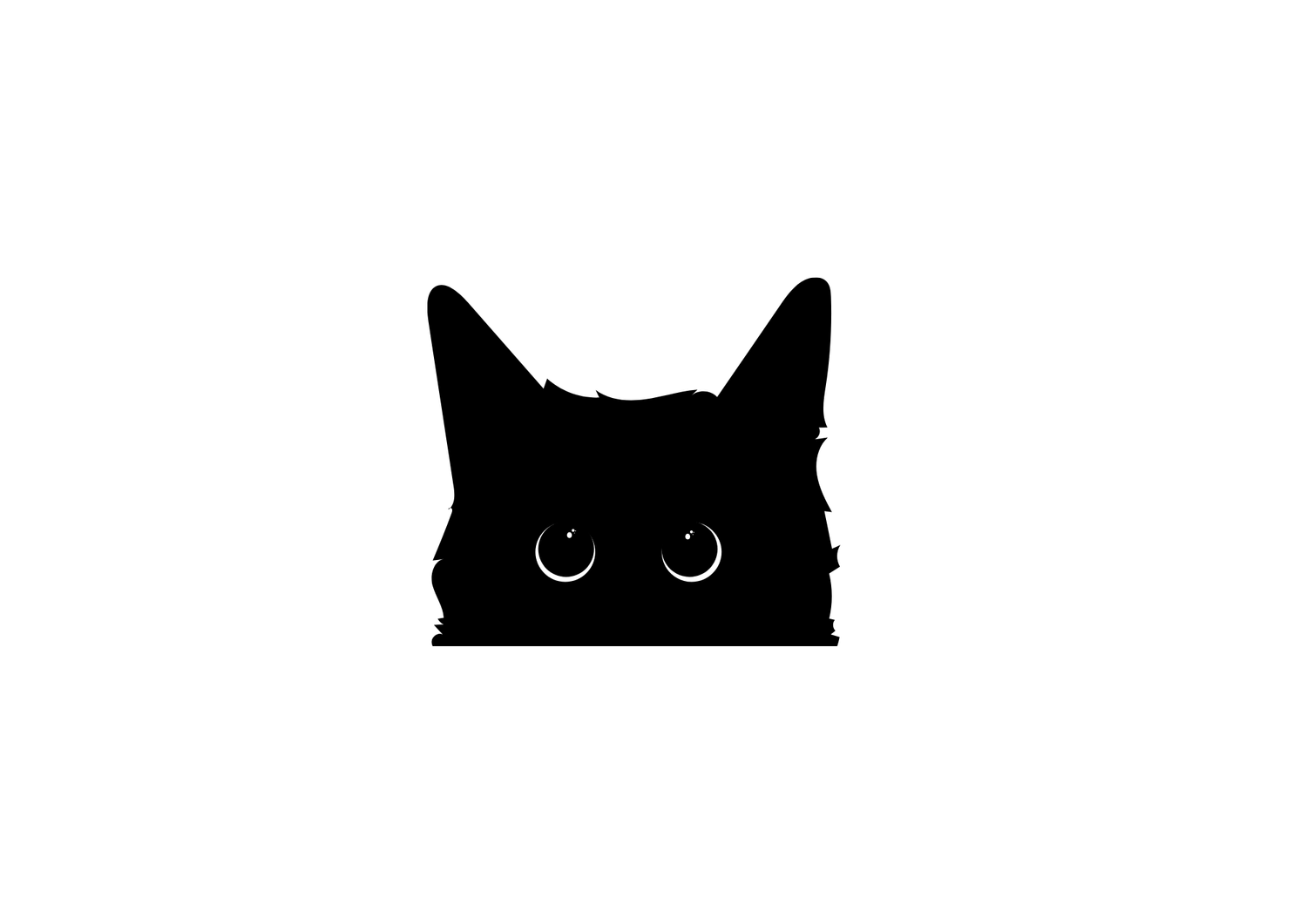 Black silhouette of a peeking cat with glowing eyes, minimalist design on white background.