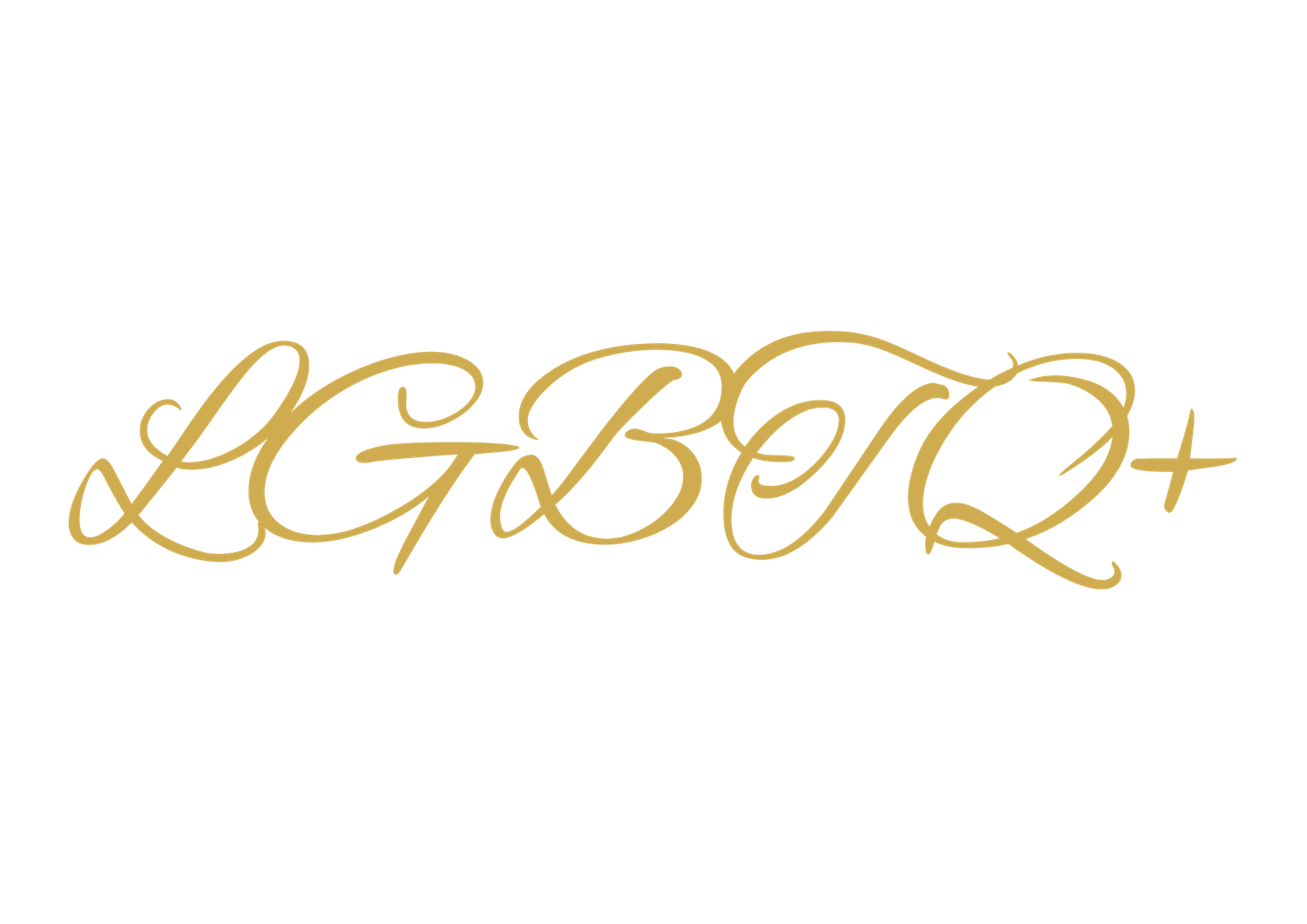 Elegant gold cursive LGBTQ+ script lettering on white background in decorative calligraphy style.