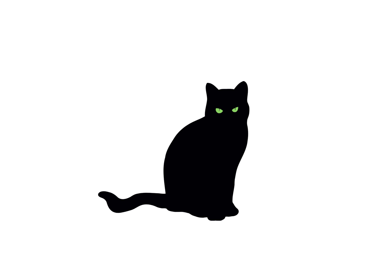 A sleek black cat silhouette sitting upright with glowing green eyes on a white background.