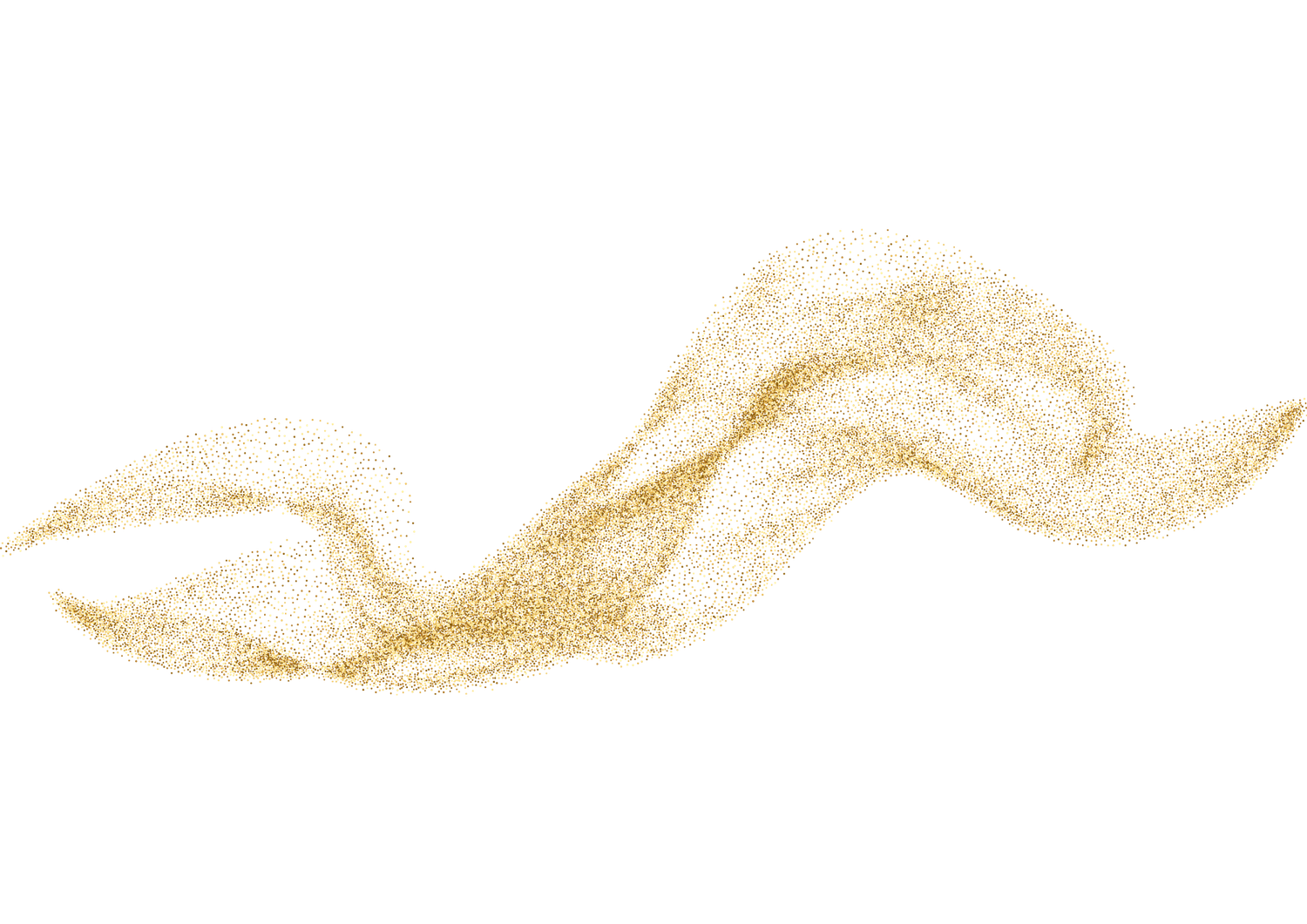 Golden glitter sand wave flowing gracefully on white background, sparkling dust particles forming elegant swirl design.