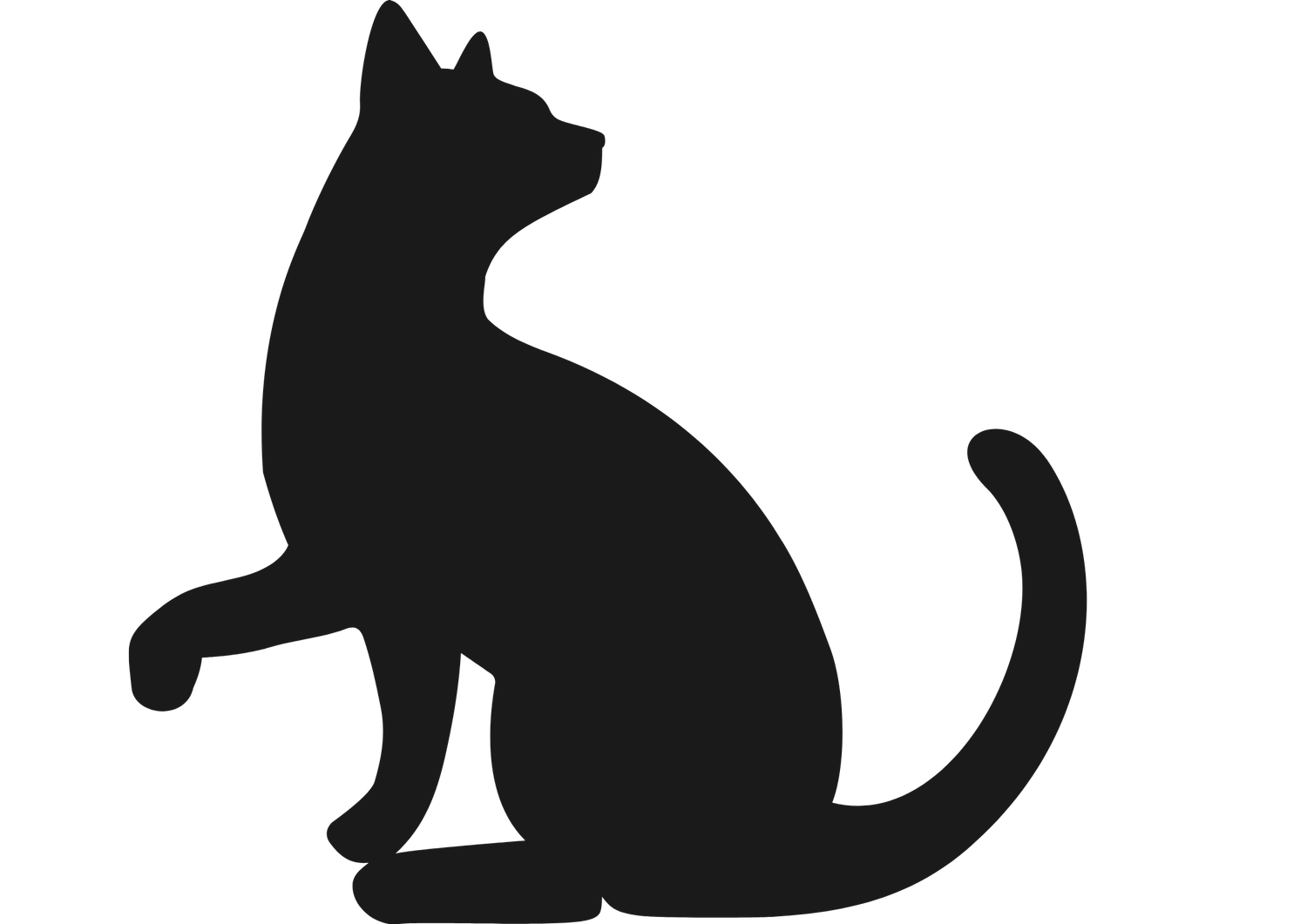 Black cat silhouette sitting upright with one paw raised and curved tail, isolated on white background.