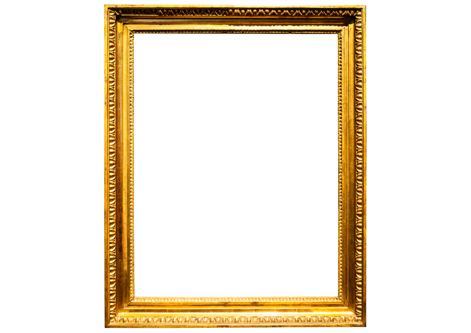 Ornate gold picture frame with decorative embossed border detail, isolated on white background.