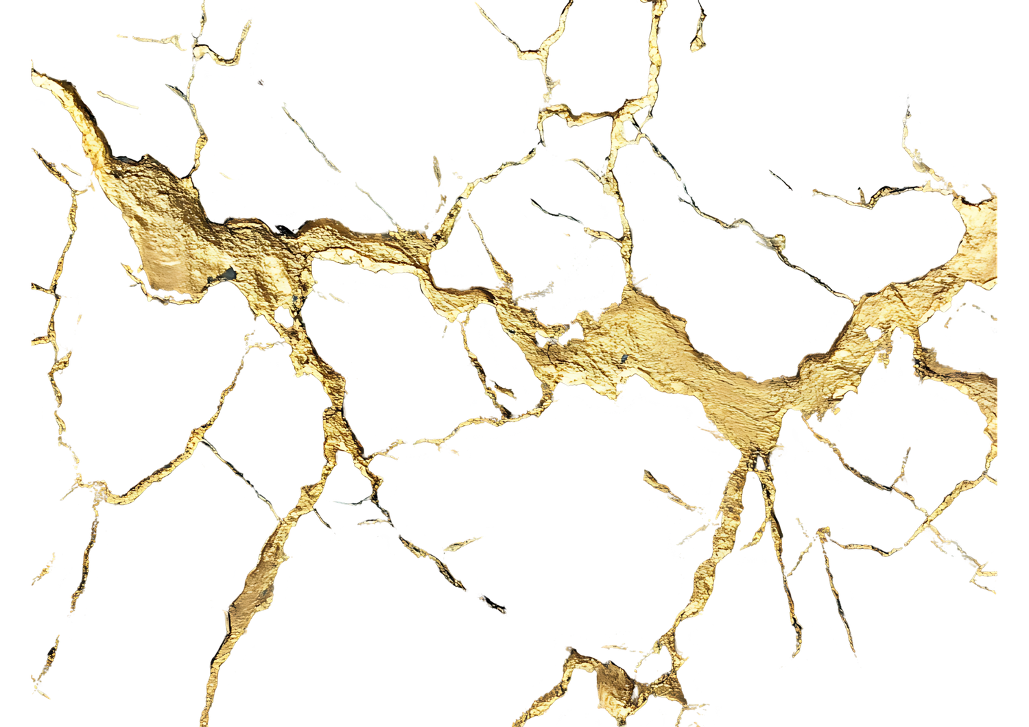 White marble texture with elegant gold veining and cracks, creating a luxurious abstract background pattern.