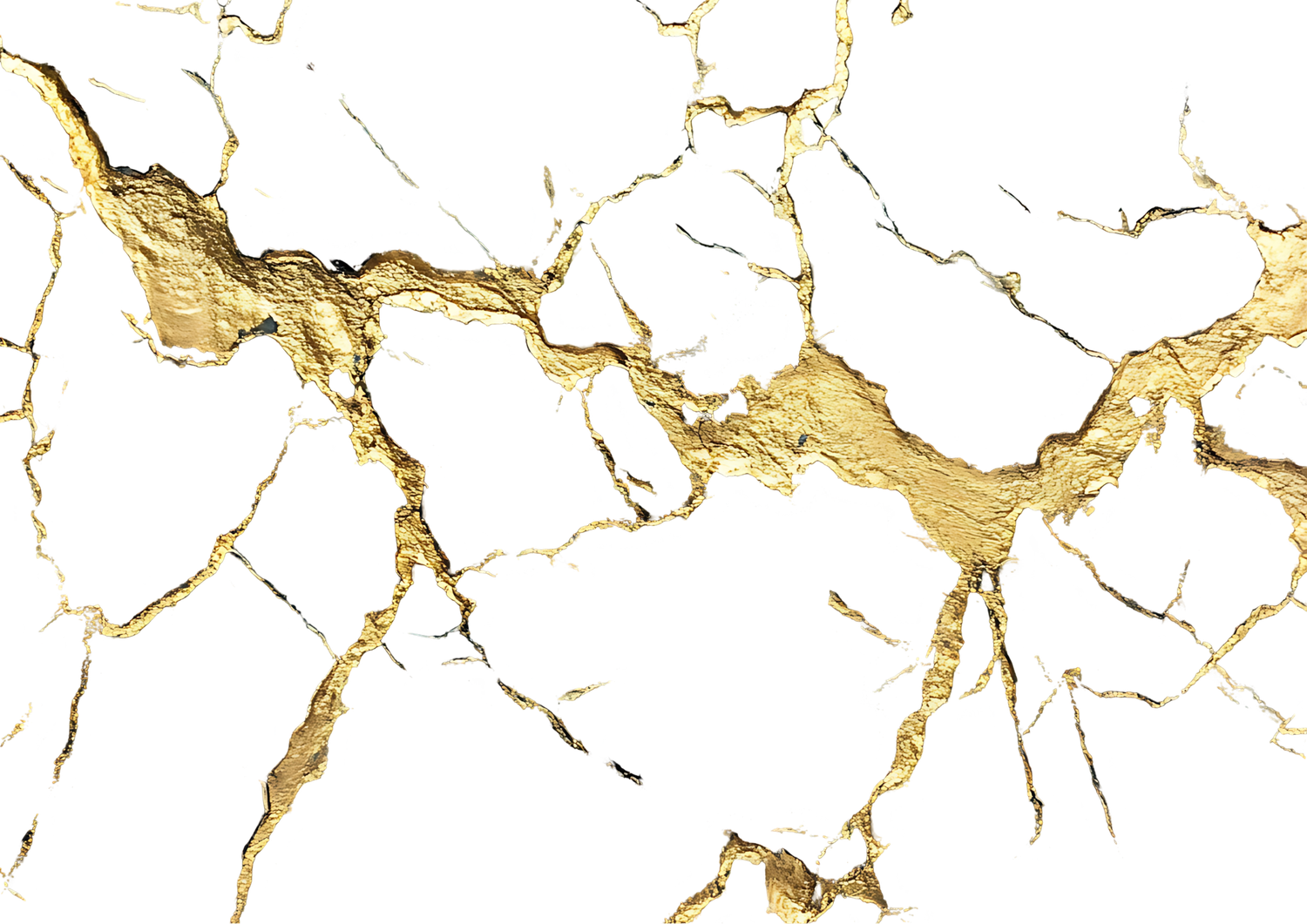 White marble texture with elegant gold veining and cracks, creating a luxurious abstract background pattern.