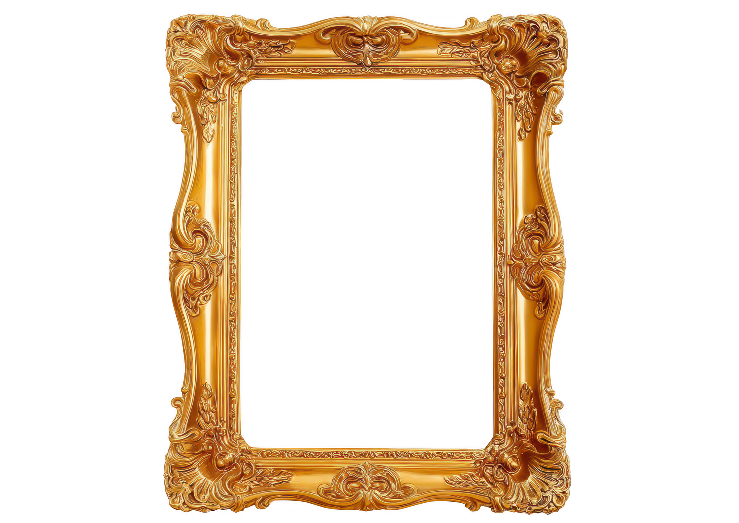 Ornate gold baroque picture frame with intricate carved details on white background.
