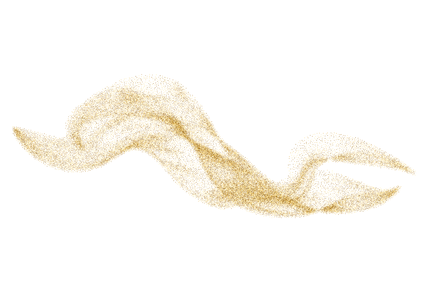 Golden glitter wave flowing gracefully on white background, shimmering sand dust particles forming elegant swirl design.