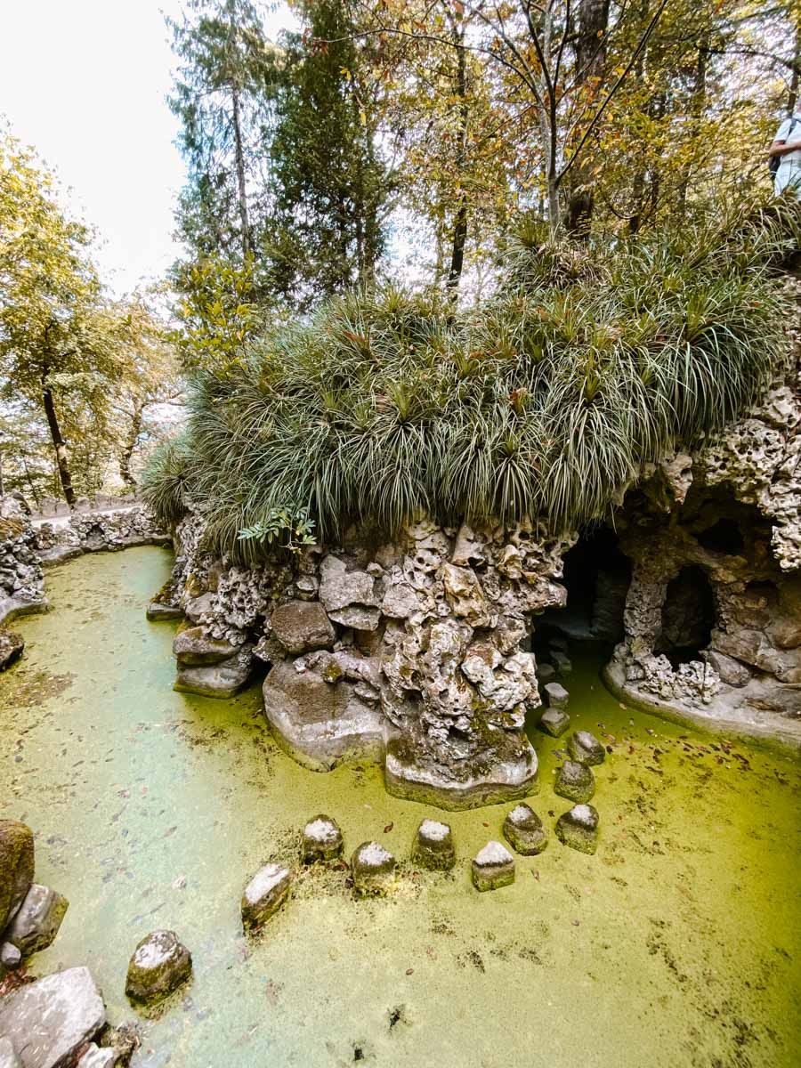 A mossy grotto with algae-covered water, rocky formations, and lush green trees in a serene garden landscape.