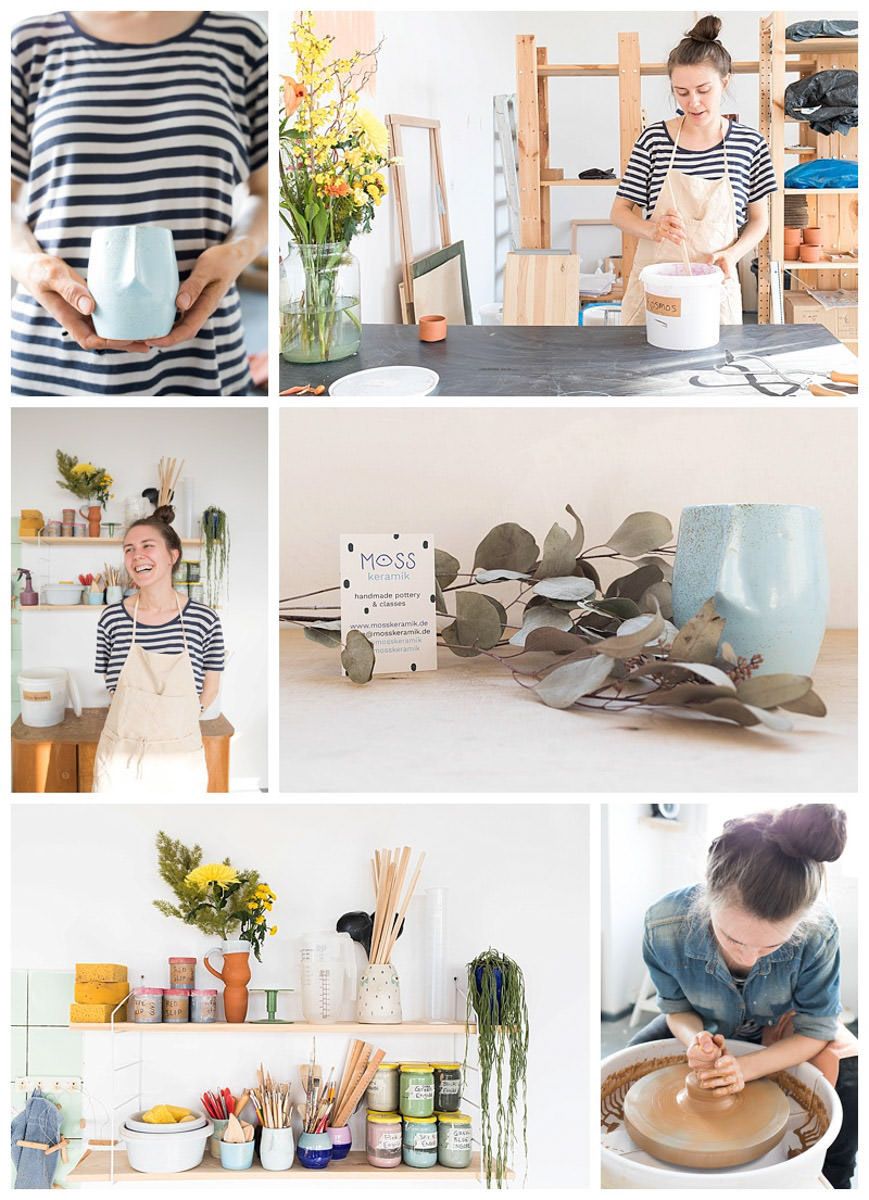 A collage of a female potter working in her bright studio, crafting ceramics on a wheel and displaying handmade pottery pieces.