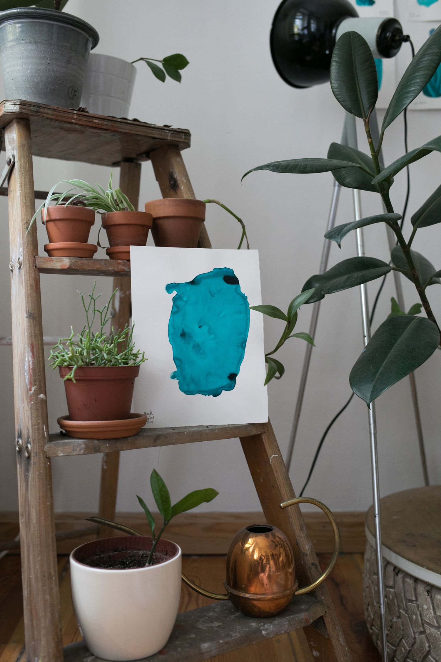 Wooden ladder shelf with potted plants, a copper watering can, and a turquoise abstract painting beside a large leafy houseplant.