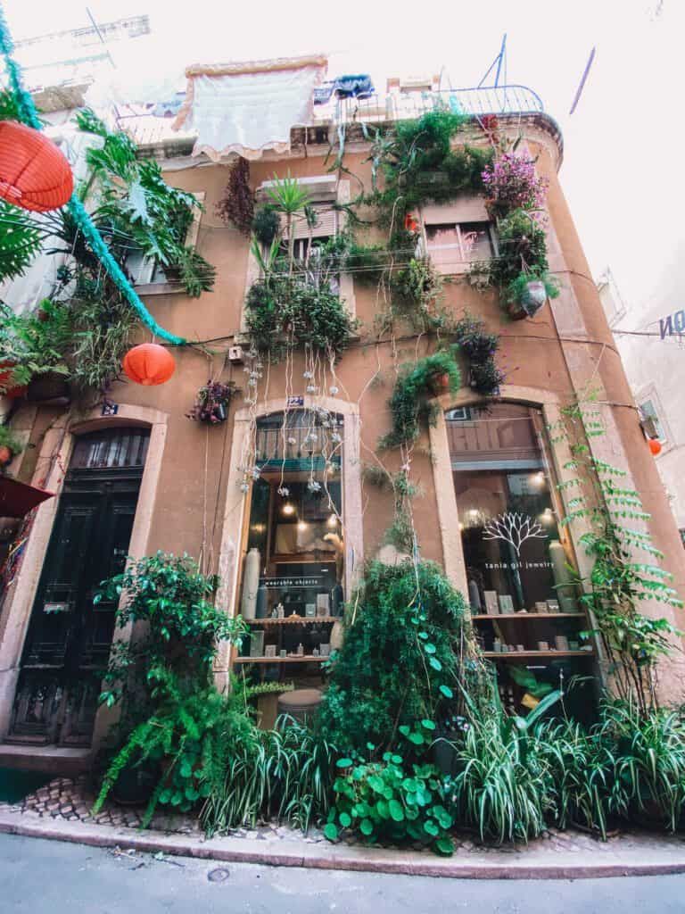 A charming vine-covered building facade with lush green plants cascading down its warm terracotta walls in a narrow urban alley.