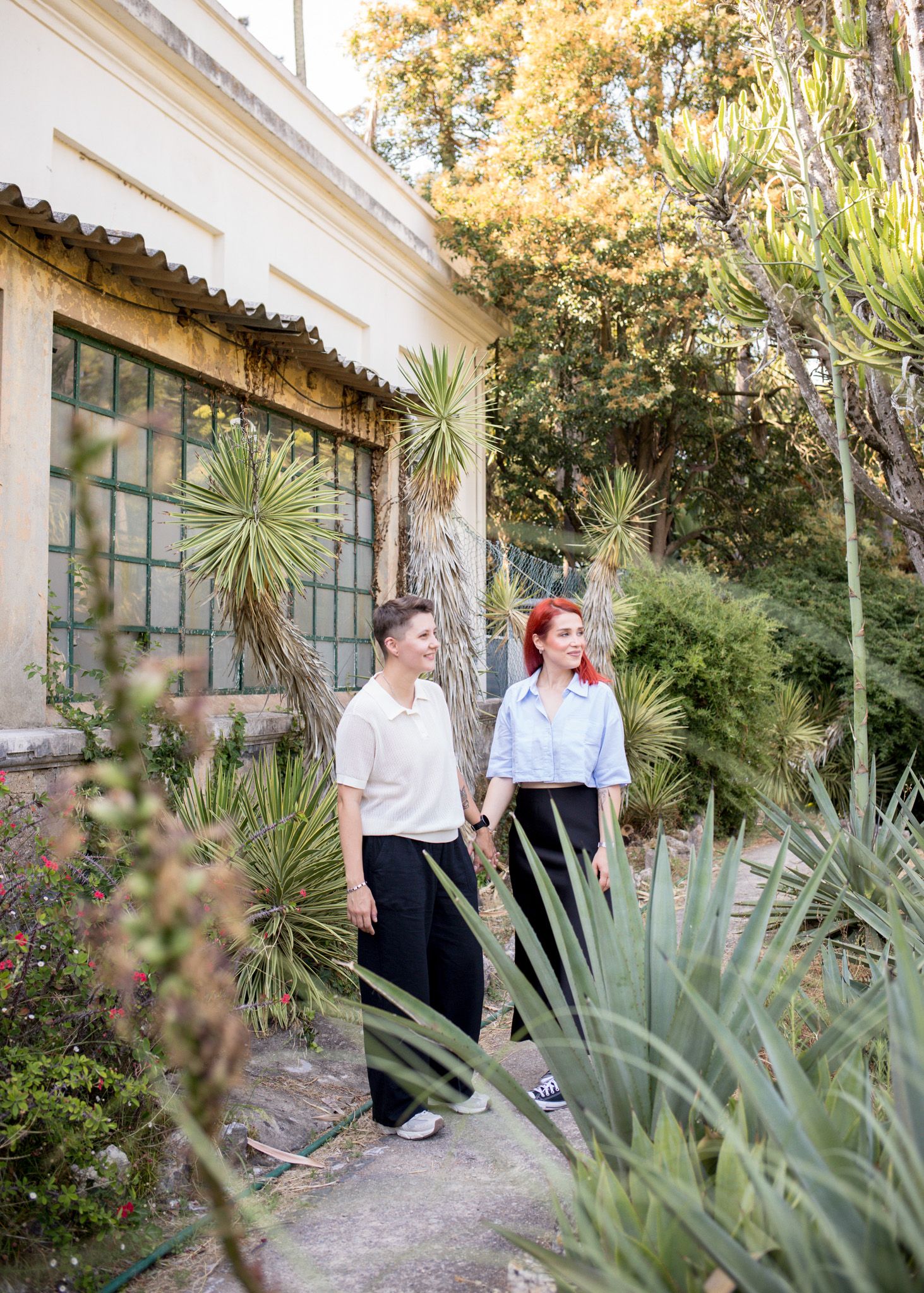 Proposal in Lisbon portrait of a couple holding hands in the botanical gardens, surrounded by cacti and tropical plants.