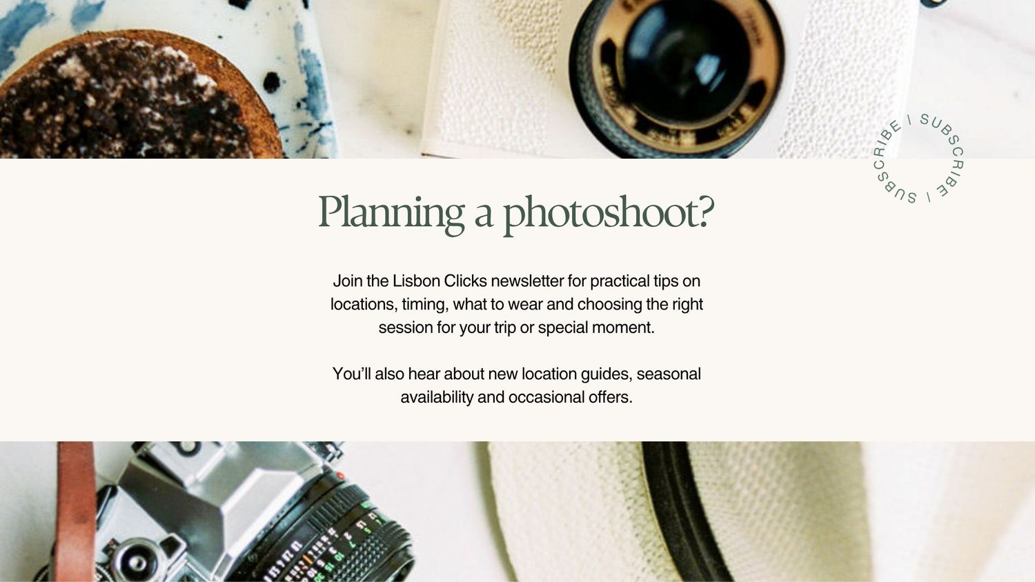 Flat lay of camera gear and accessories on a white surface with text about planning a photoshoot newsletter.